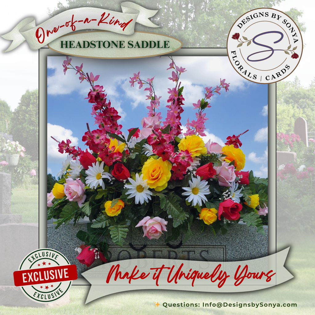 Bright Spring Rose & Daisy Headstone Saddle
Colorful silk headstone saddle with pink, yellow, and red roses, white daisies, and tall pink accents. A cheerful, personalized tribute arrangement designed to bring lasting beauty to any memorial site.