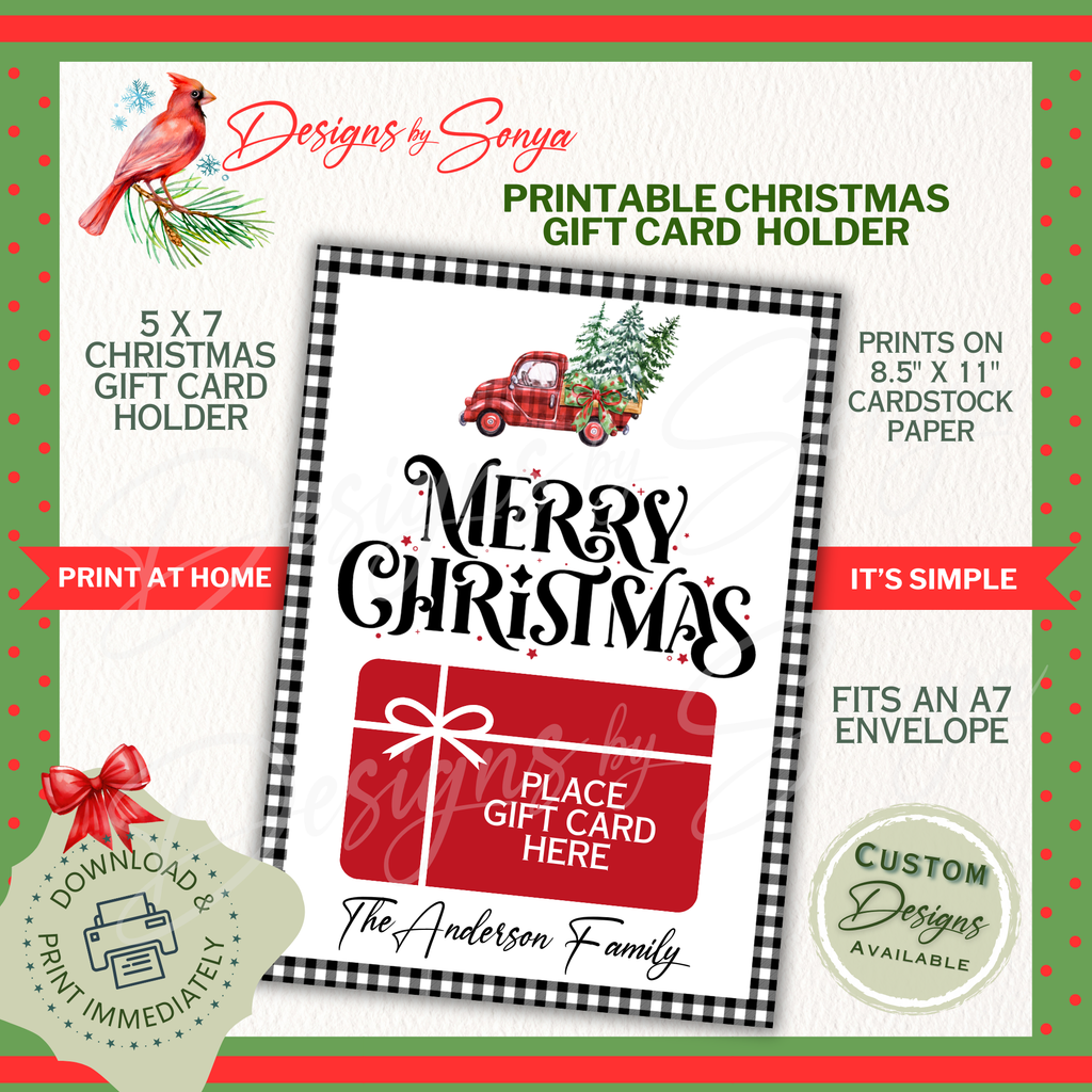 DIY Christmas Gift Card Holder Printable
Printable Merry Christmas gift card holder design featuring red truck and buffalo plaid frame. Prints 5x7 on 8.5x11 cardstock, fits A7 envelope.