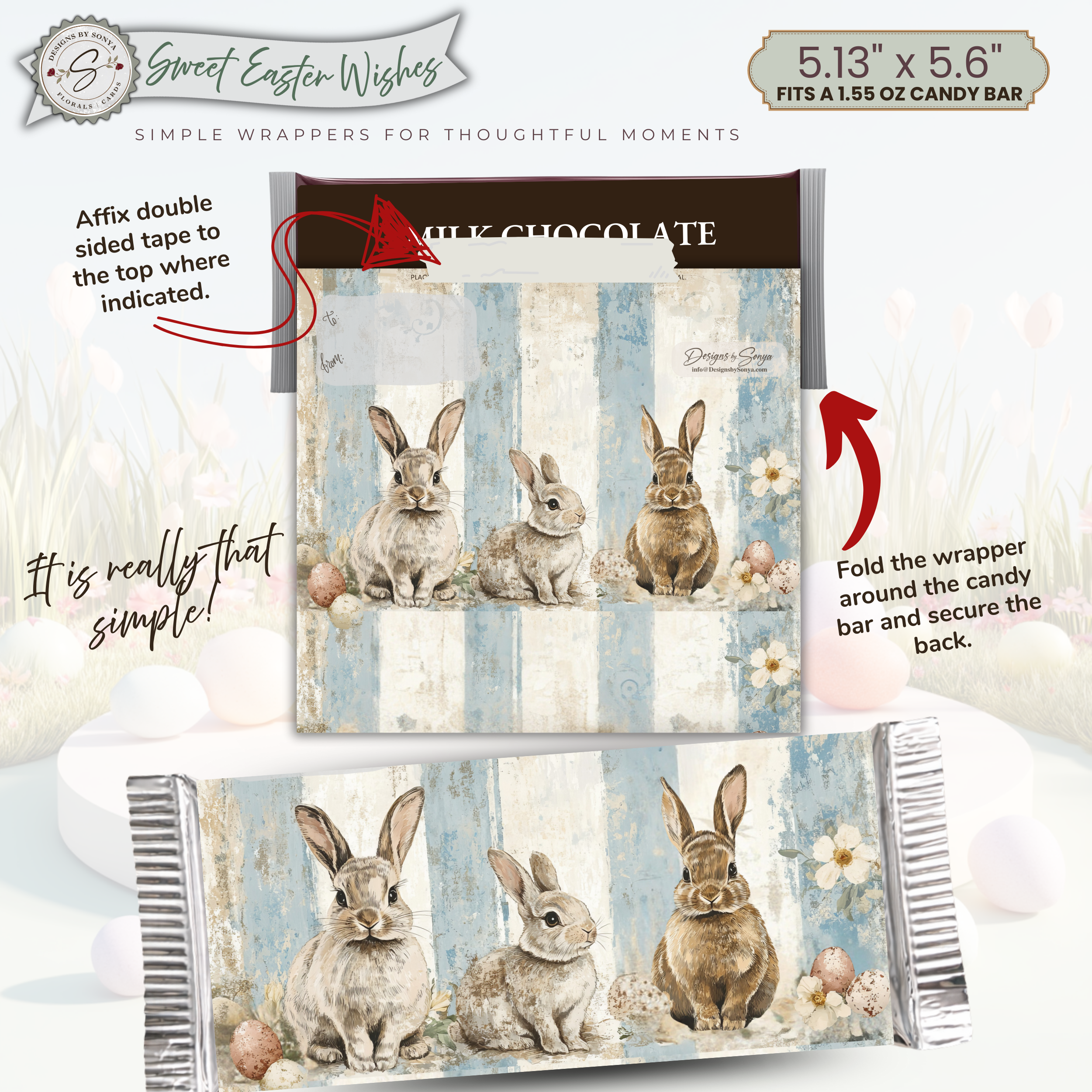 Easter Bunny Candy Bar Wrapper Printable – Trio Bunny Chocolate Bar Sleeve – Spring Treat Party Favor for Kids, Teachers & Friends