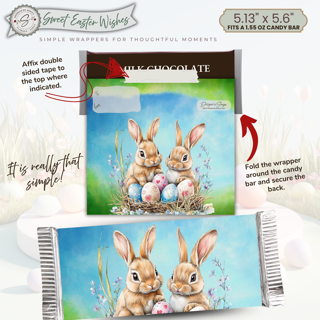 Watercolor Bunny Easter Candy Bar Wrapper Printable – Nest & Speckled Eggs Chocolate Wrap for 1.55 oz Bars – Spring Party Favor - Easter Basket Treat