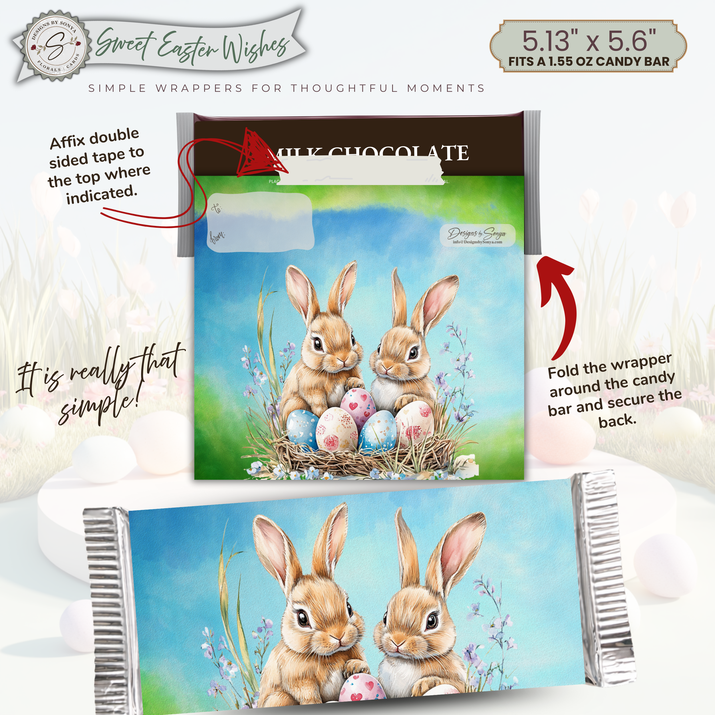 Watercolor Bunny Easter Candy Bar Wrapper Printable – Nest & Speckled Eggs Chocolate Wrap for 1.55 oz Bars – Spring Party Favor - Easter Basket Treat