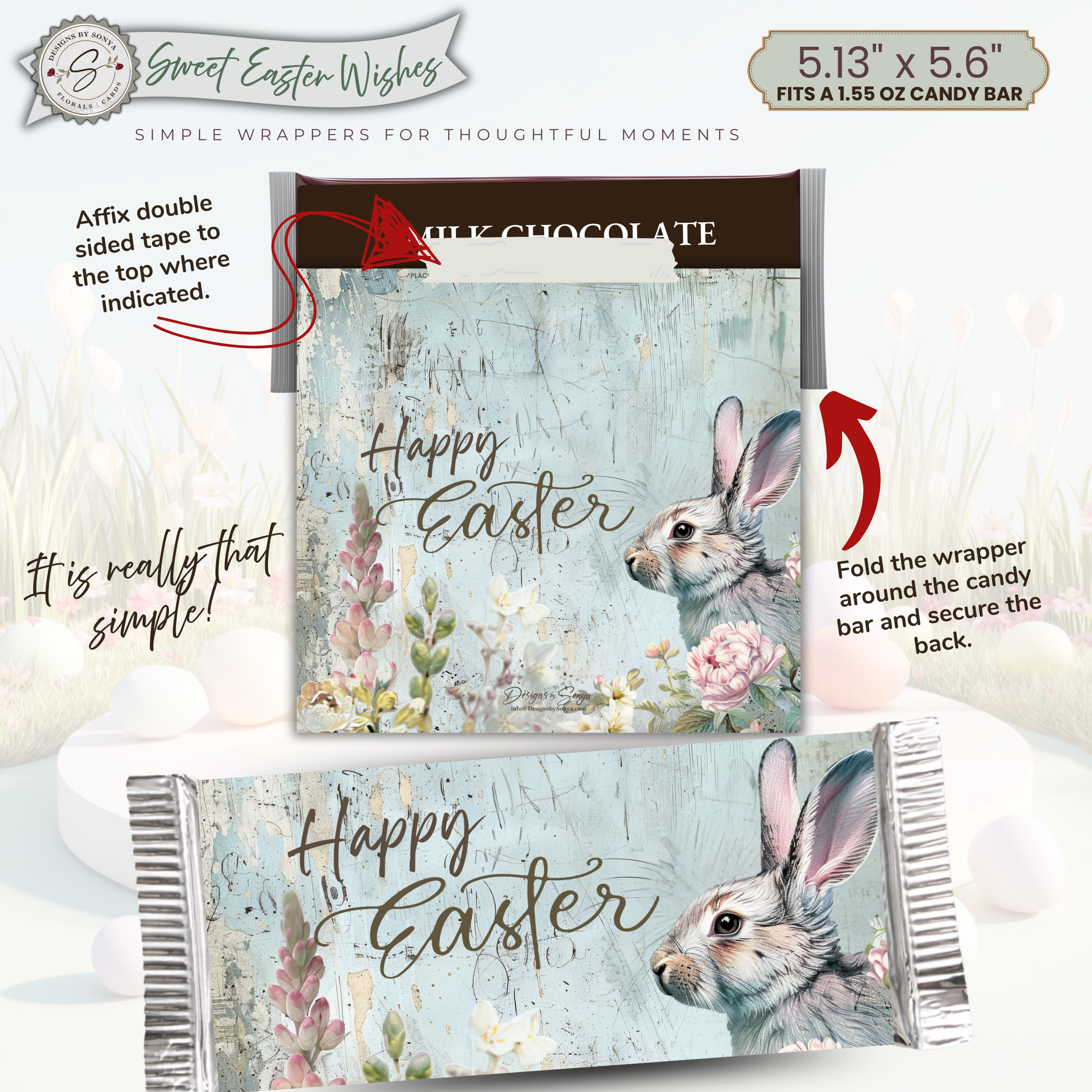 Watercolor Bunny Easter Candy Bar Wrapper Printable – Sweet Easter Wishes Chocolate Sleeve – Easter Basket Party Favor for Kids Teachers Friends