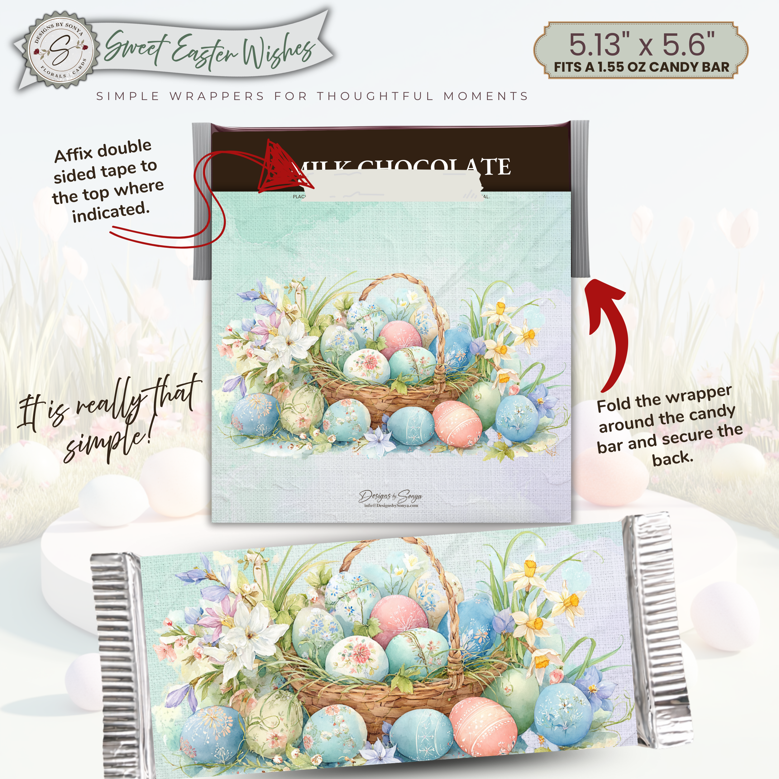 Easter Basket Eggs Candy Bar Wrapper Printable – Sweet Easter Wishes Chocolate Sleeve – Spring Party Favor for Kids Teachers Friends