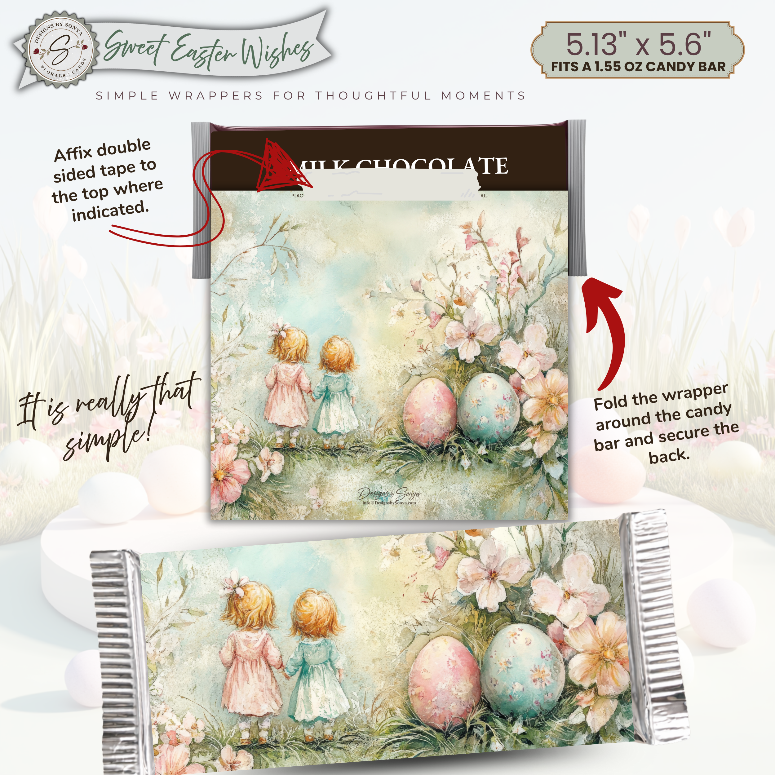 Vintage Easter Girls Candy Bar Wrapper Printable – Watercolor Spring Children Chocolate Sleeve – Easter Party Favor Treat for Easter Baskets