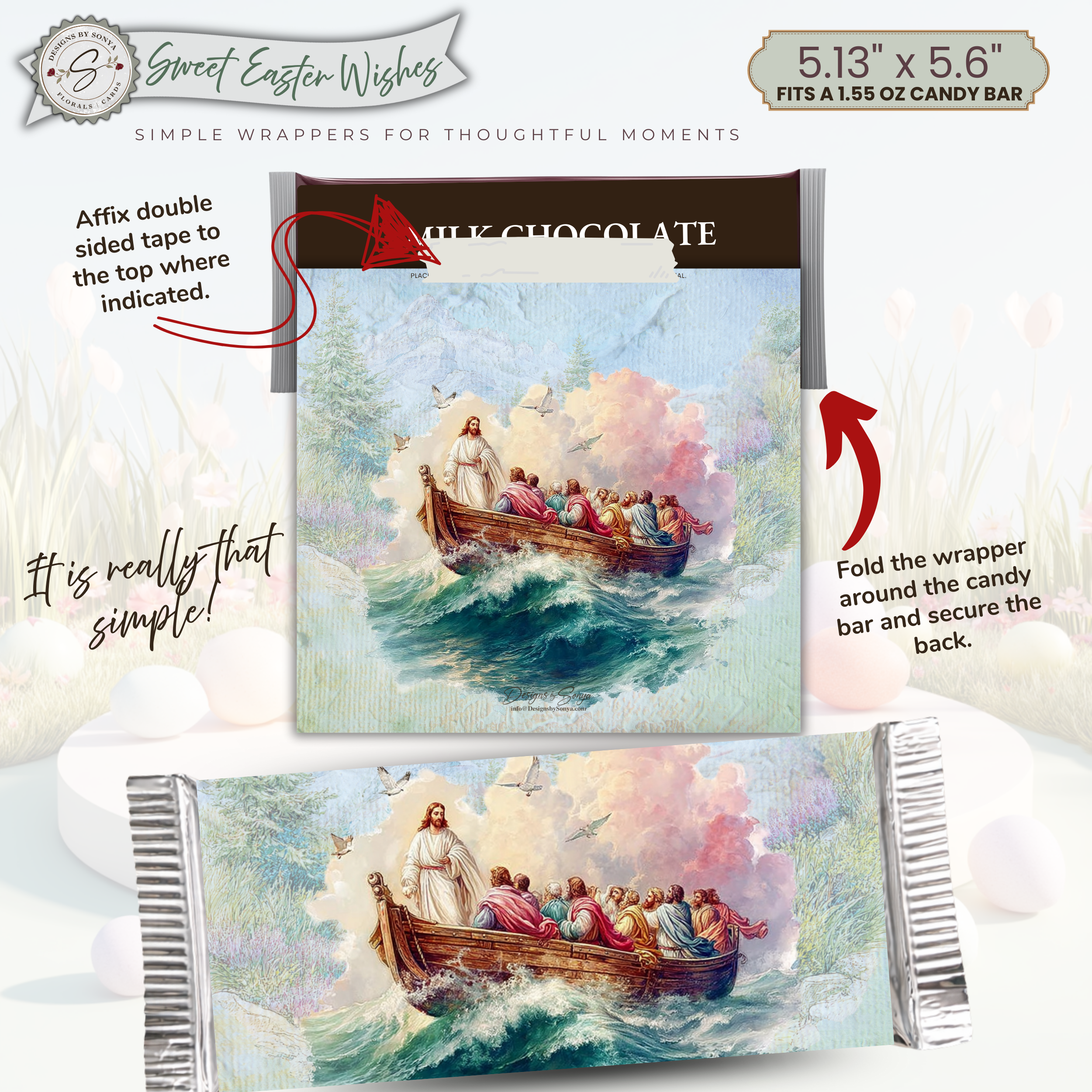 Jesus Calms the Storm Easter Candy Bar Wrapper Printable – Watercolor Disciples Boat Chocolate Wrap for 1.55 oz Bars – Religious Easter Basket Favor