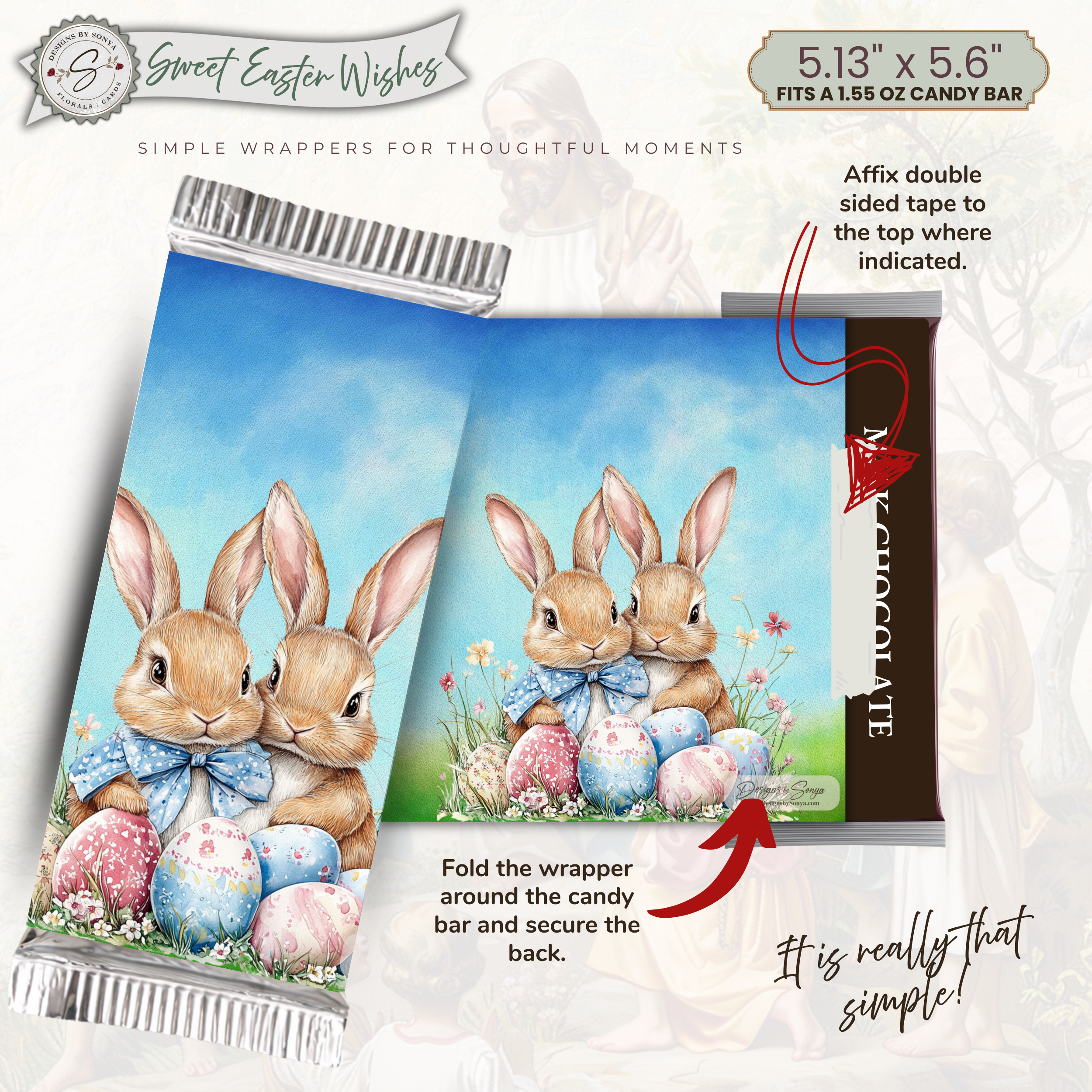Sweet Easter Wishes Bunny Candy Bar Wrapper Printable – Watercolor Easter Chocolate Wrap for 1.55 oz Bars – Spring Basket Party Favor Treat