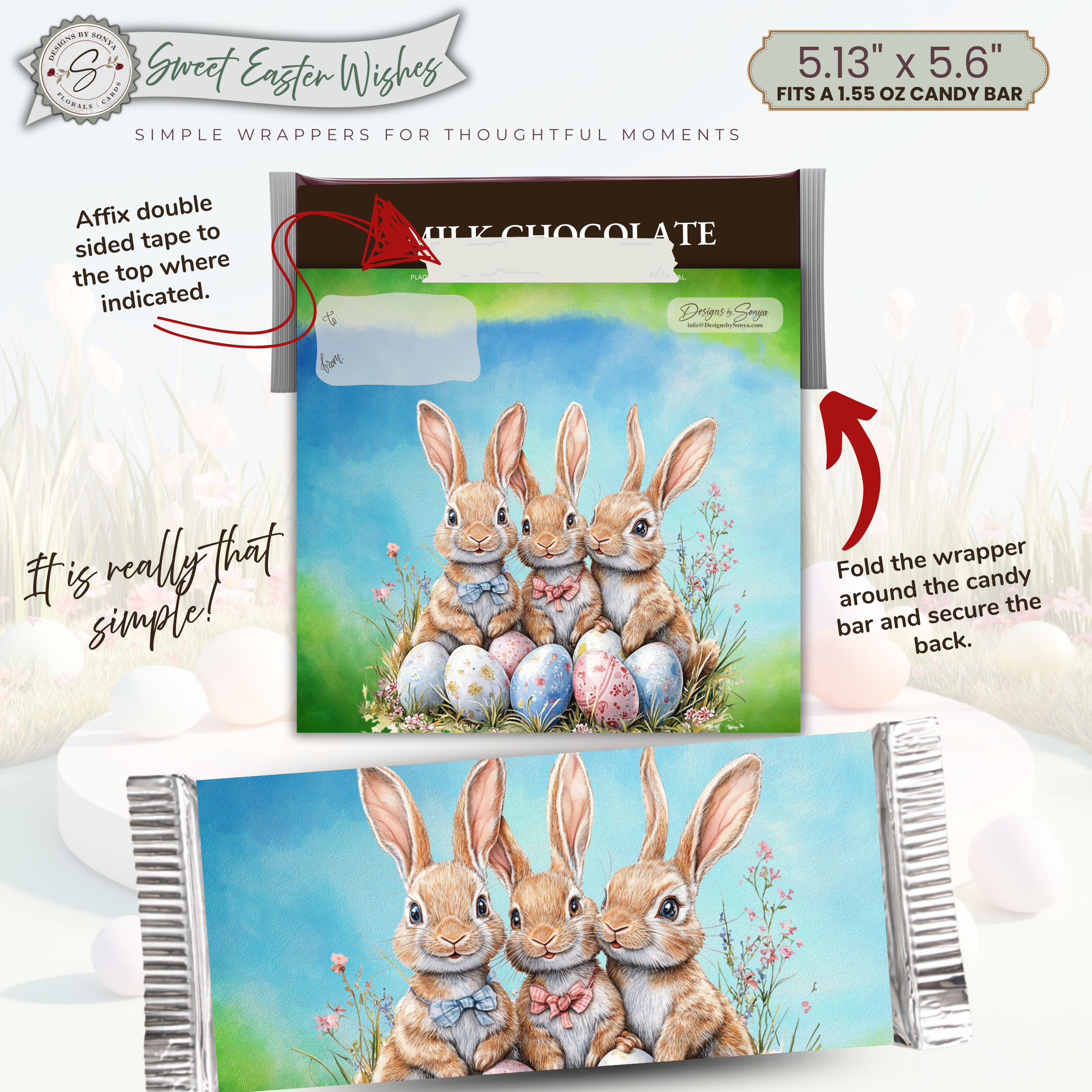 Three Bunny Easter Candy Bar Wrapper Printable – Watercolor Spring Chocolate Wrap for 1.55 oz Bars – Classroom Party Favor - Easter Basket Treat
