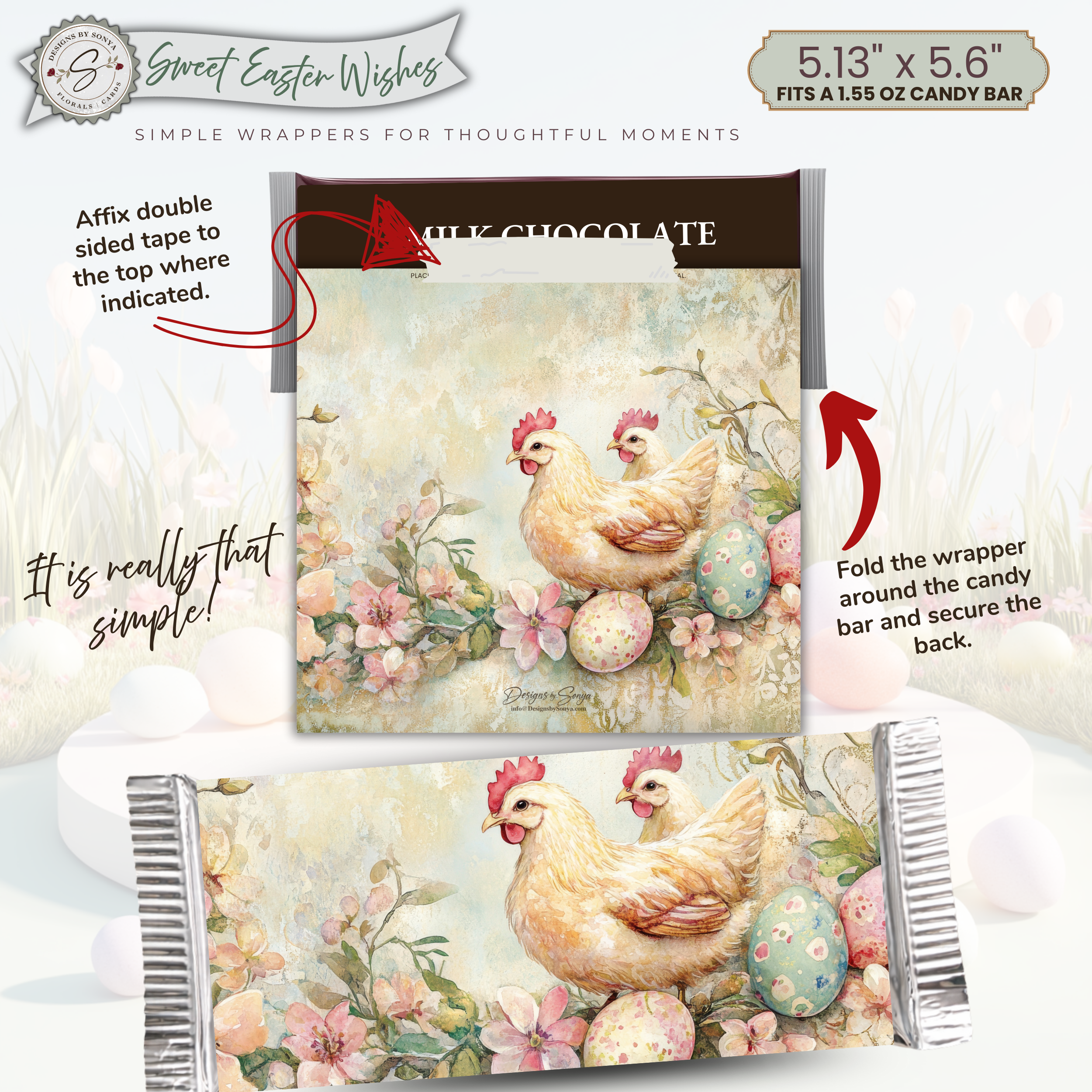 Farm Chicken Easter Candy Bar Wrapper Printable – Rustic Watercolor Happy Easter Chocolate Sleeve – Spring Party Favor Treats for Easter Baskets