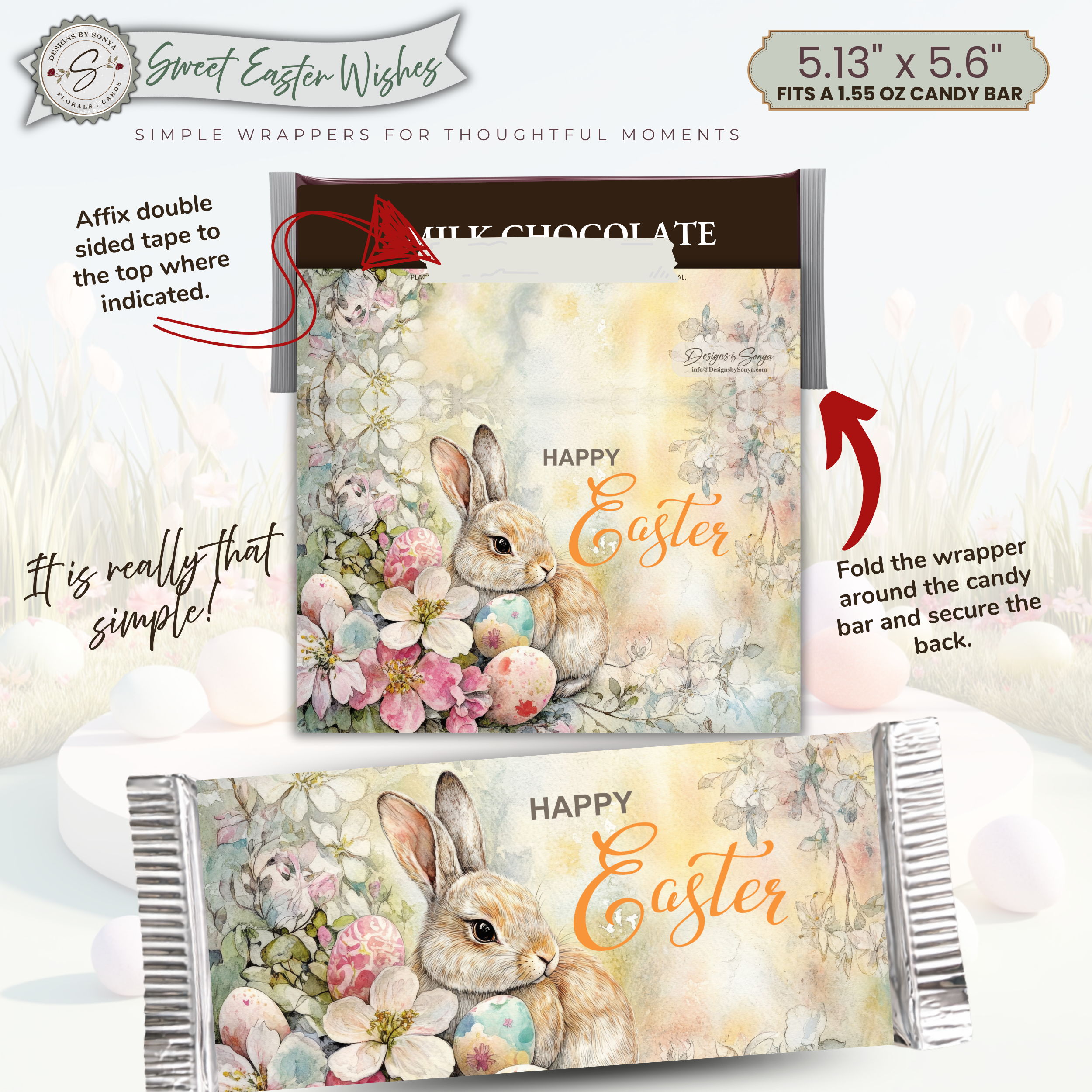 Easter Bunny Candy Bar Wrapper Printable – Watercolor Floral Happy Easter Chocolate Sleeve – Spring Party Favor for Kids Teachers Friends