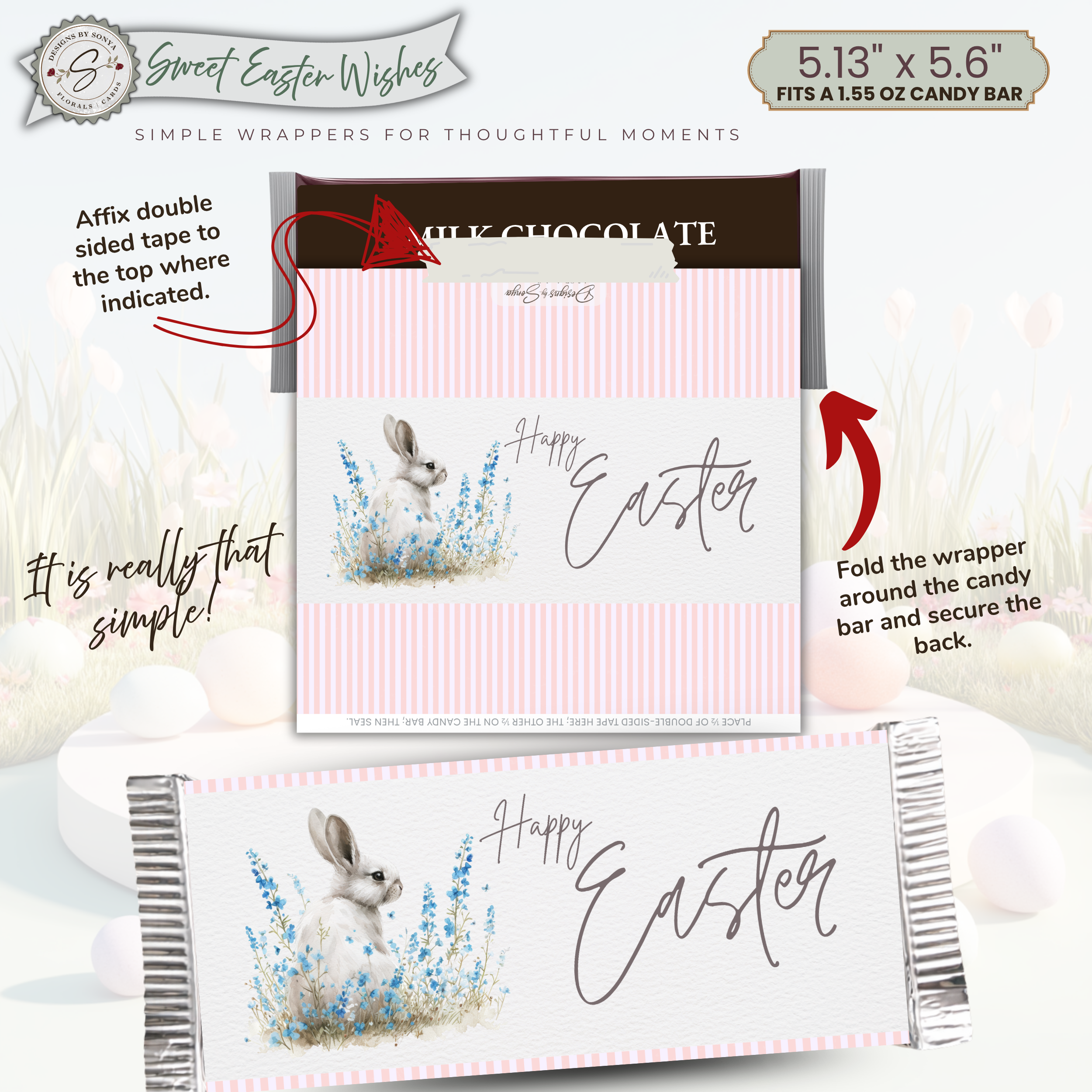 Watercolor Easter Candy Bar Wrapper, Printable Easter Treat Wrapper, Bunny Candy Wrapper, Easter Party Favor, Kids Gift, Classroom Treat - Easter Basket Treat