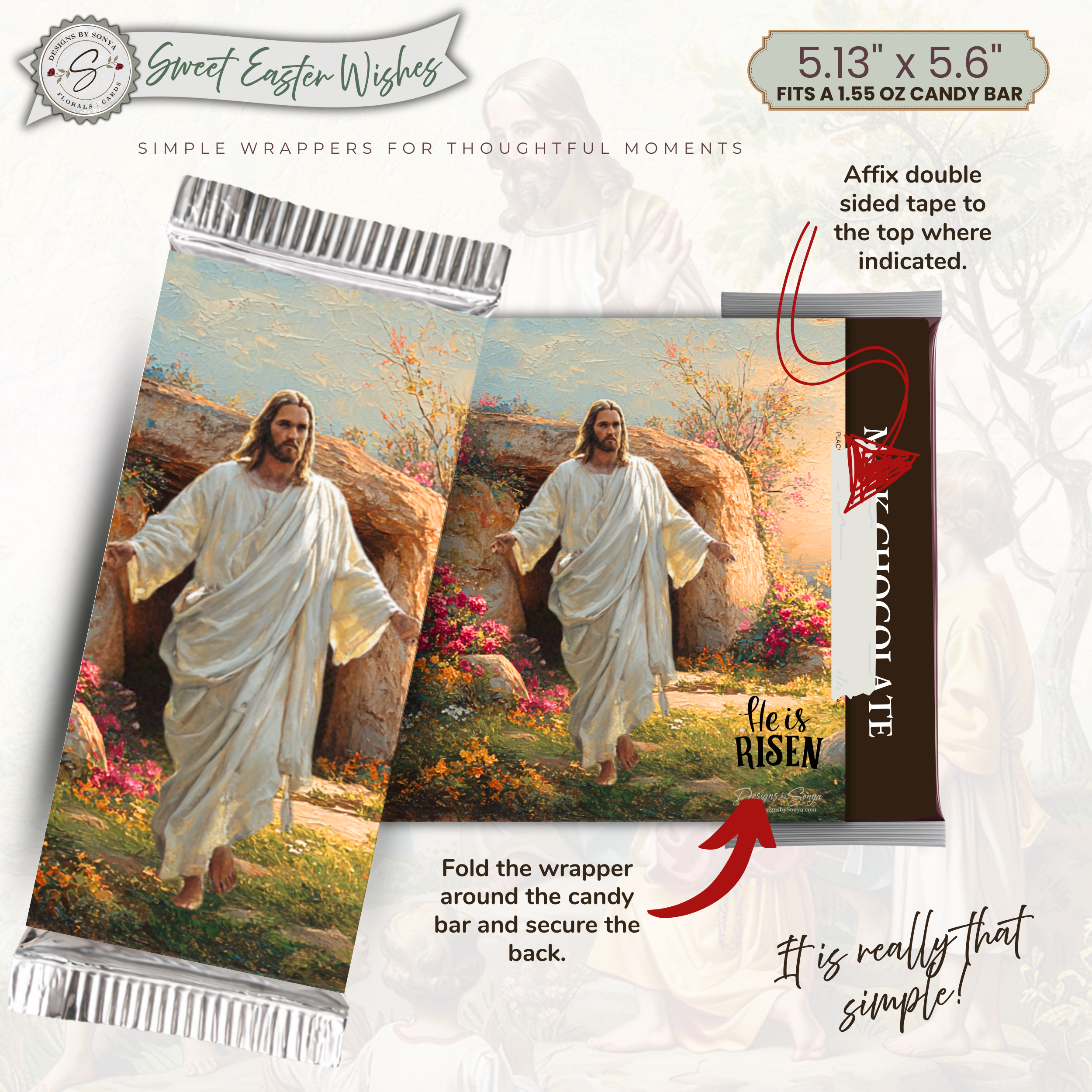 He Is Risen Easter Candy Bar Wrapper Printable – Resurrection Jesus Watercolor Chocolate Wrap for 1.55 oz Bars – Religious Spring Easter Basket Favor