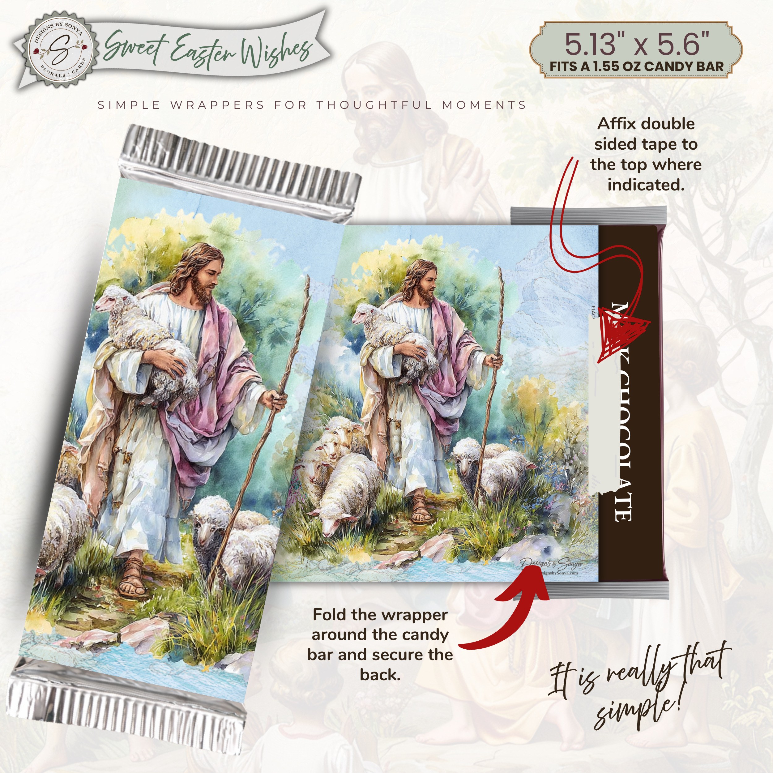 Good Shepherd Easter Candy Bar Wrapper Printable – Jesus with Lamb Watercolor Chocolate Wrap for 1.55 oz Bars – Religious Spring Basket Favor
