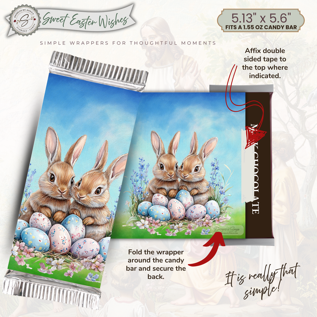 Sweet Easter Wishes Bunny Candy Bar Wrapper Printable – Watercolor Chocolate Sleeve for 1.55 oz Bars – Spring Basket Party Favor Treat