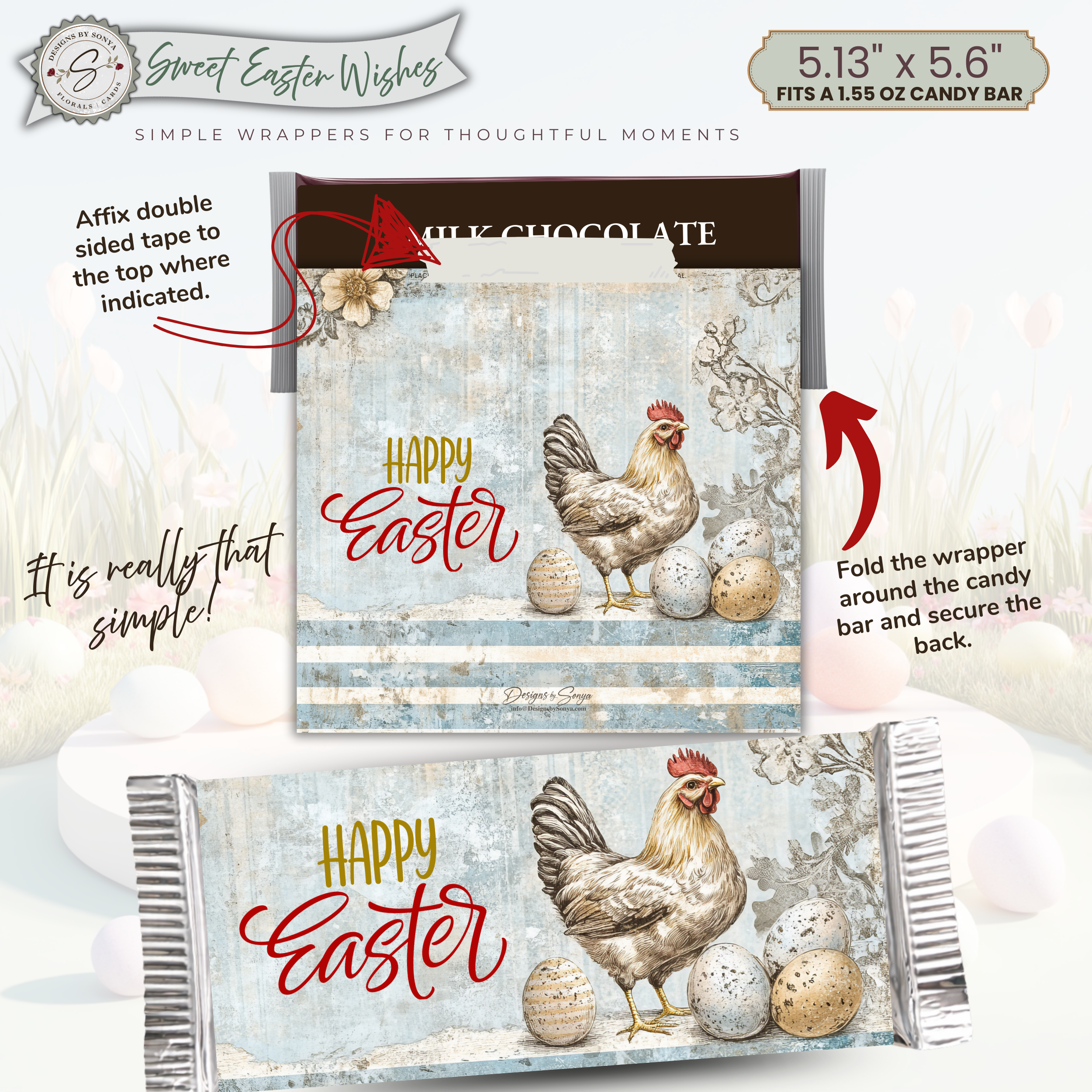 Happy Easter Candy Bar Wrapper Printable – Farm Chicken Chocolate Bar Sleeve – Rustic Spring Party Favor for Kids Teachers Friends