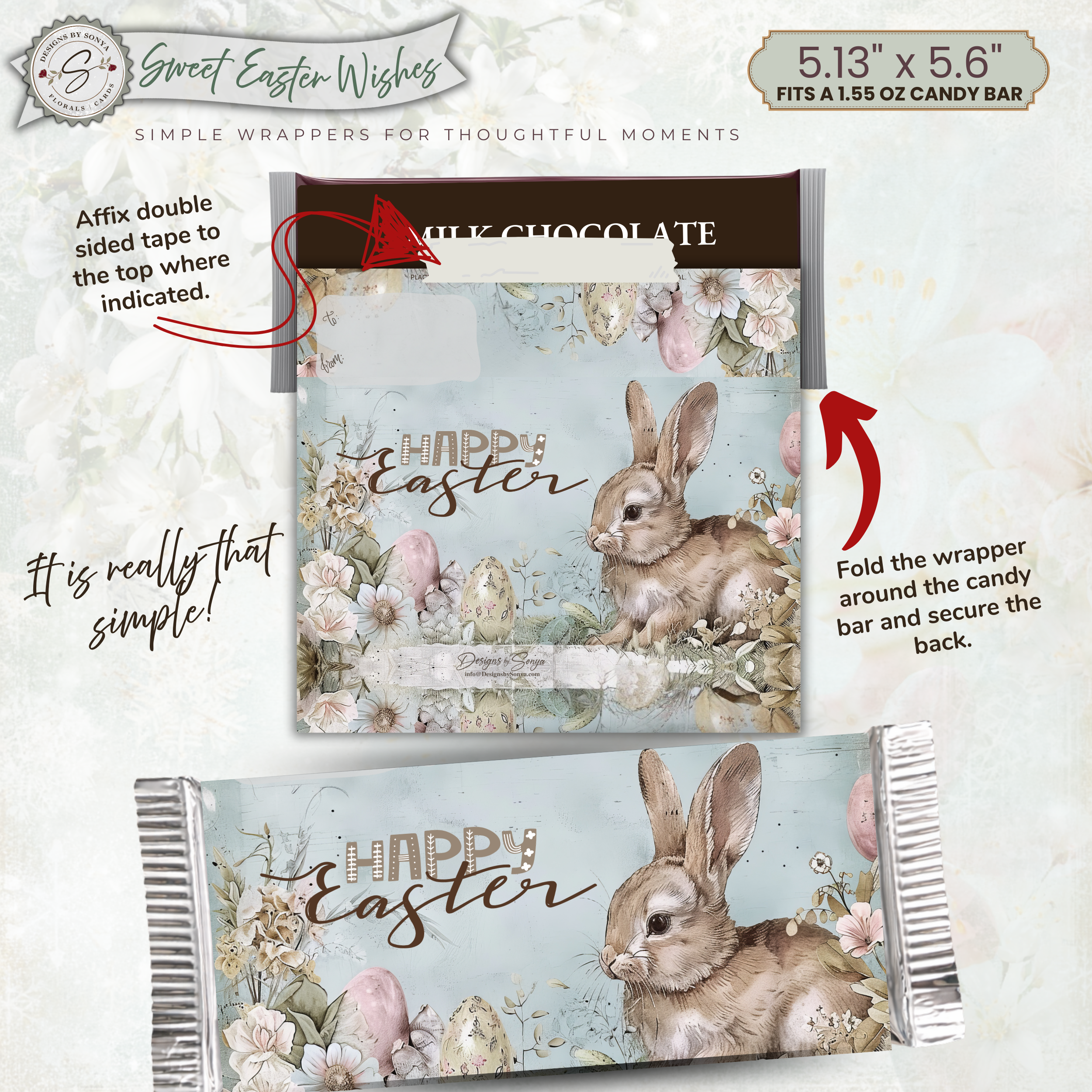 Easter Bunny Candy Bar Wrapper Printable – Sweet Easter Wishes Chocolate Bar Sleeve – Spring Treat Party Favor for Kids, Teachers & Friends