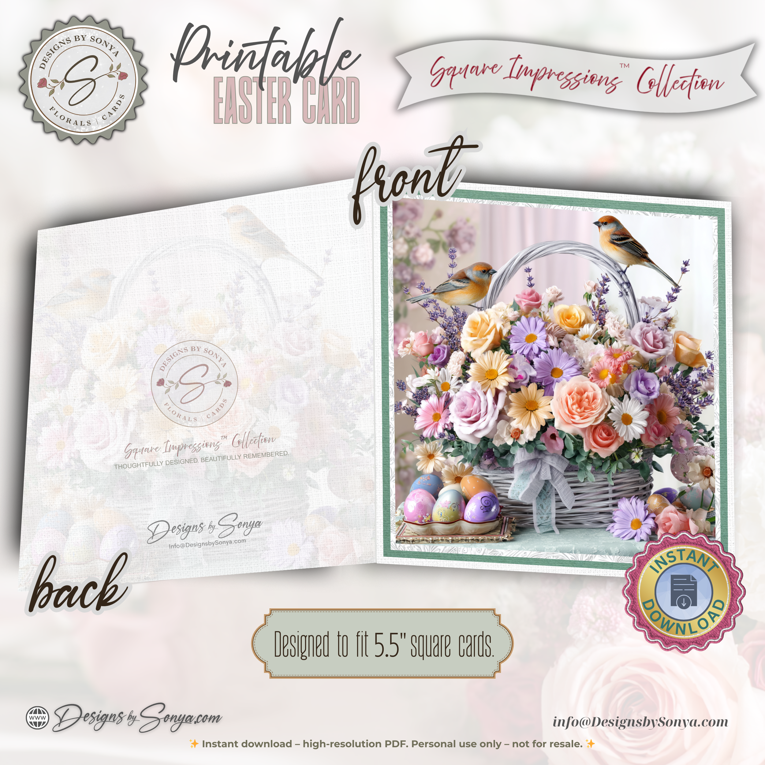 Easter Floral Basket Printable Card – 5.5” Square Watercolor Spring Greeting Note Card with Pastel Blooms, Birds & Decorated Eggs