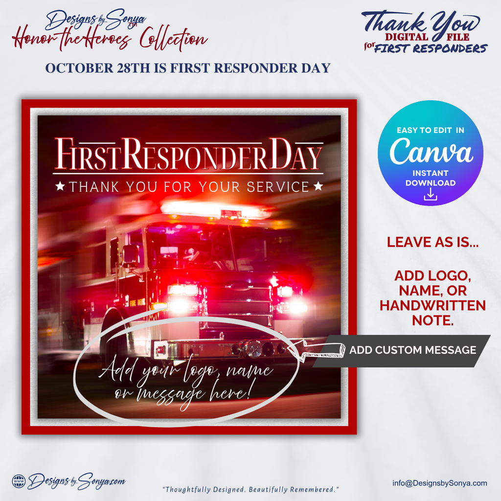 First Responder Firetruck Digital Download | Editable Canva Template | Thank You for Your Service Printable | Hero Appreciation Art