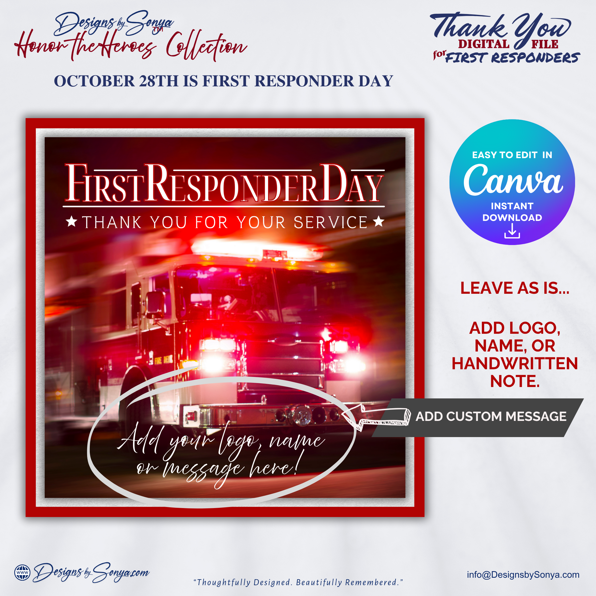 First Responder Firetruck Digital Download | Editable Canva Template | Thank You for Your Service Printable | Hero Appreciation Art