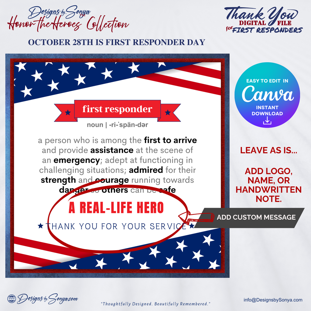 First Responder Definition Digital Download | Editable Canva Template | Honor the Heroes Collection | Thank You Printable Gift