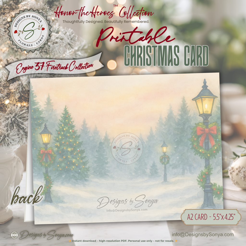 Engine 37 Firetruck Christmas Card Printable | A2 Holiday Card | Honor the Heroes Collection | Firefighter Santa Greeting Card | Envelope Liner