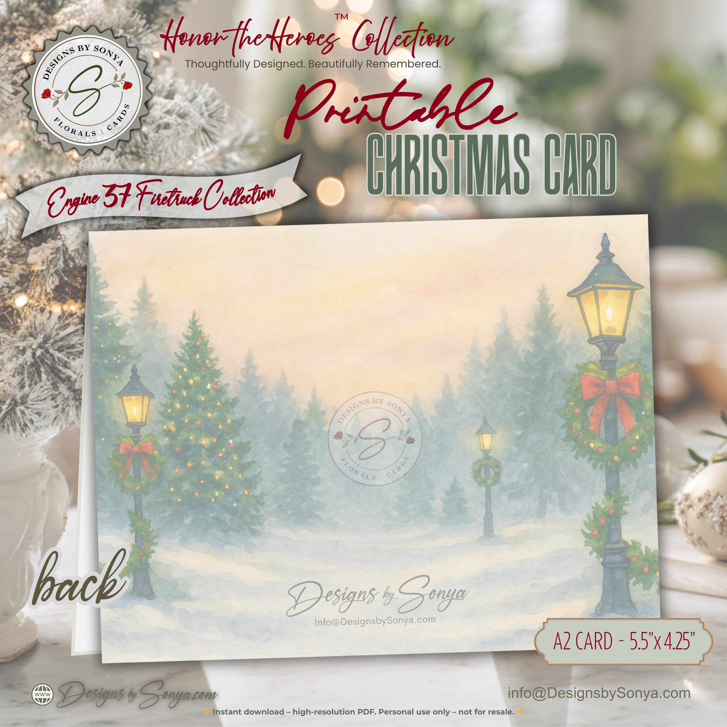Engine 37 Firetruck Christmas Card Printable | A2 Holiday Card | Honor the Heroes Collection | Firefighter Santa Greeting Card | Envelope Liner