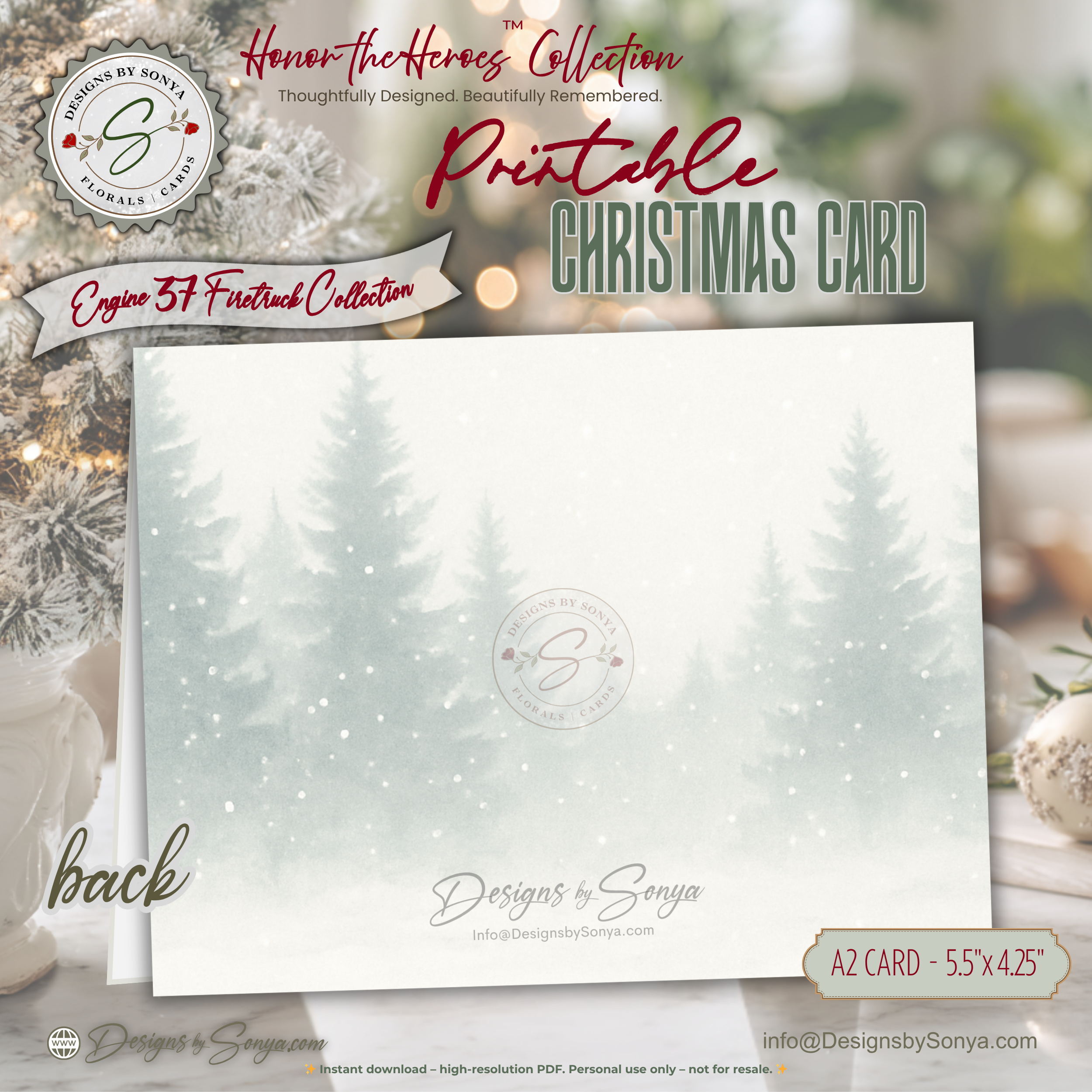 Printable Firetruck Christmas Card • Engine 37 Watercolor Holiday Card • Honor the Heroes • A2 (5.5"x4.25") Folded Greeting Card