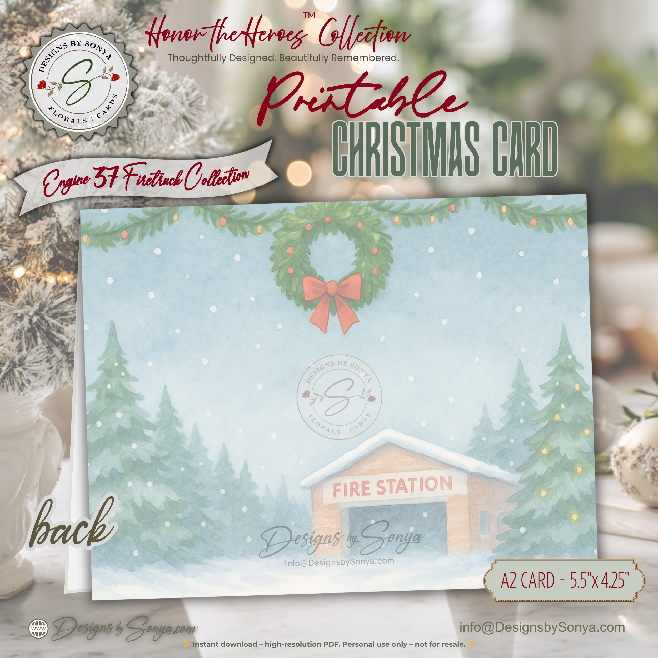 Engine 37 Firetruck Christmas Card Printable | A2 Holiday Card | Honor the Heroes Collection | Fire Station Santa Greeting Card | Envelope Liner
