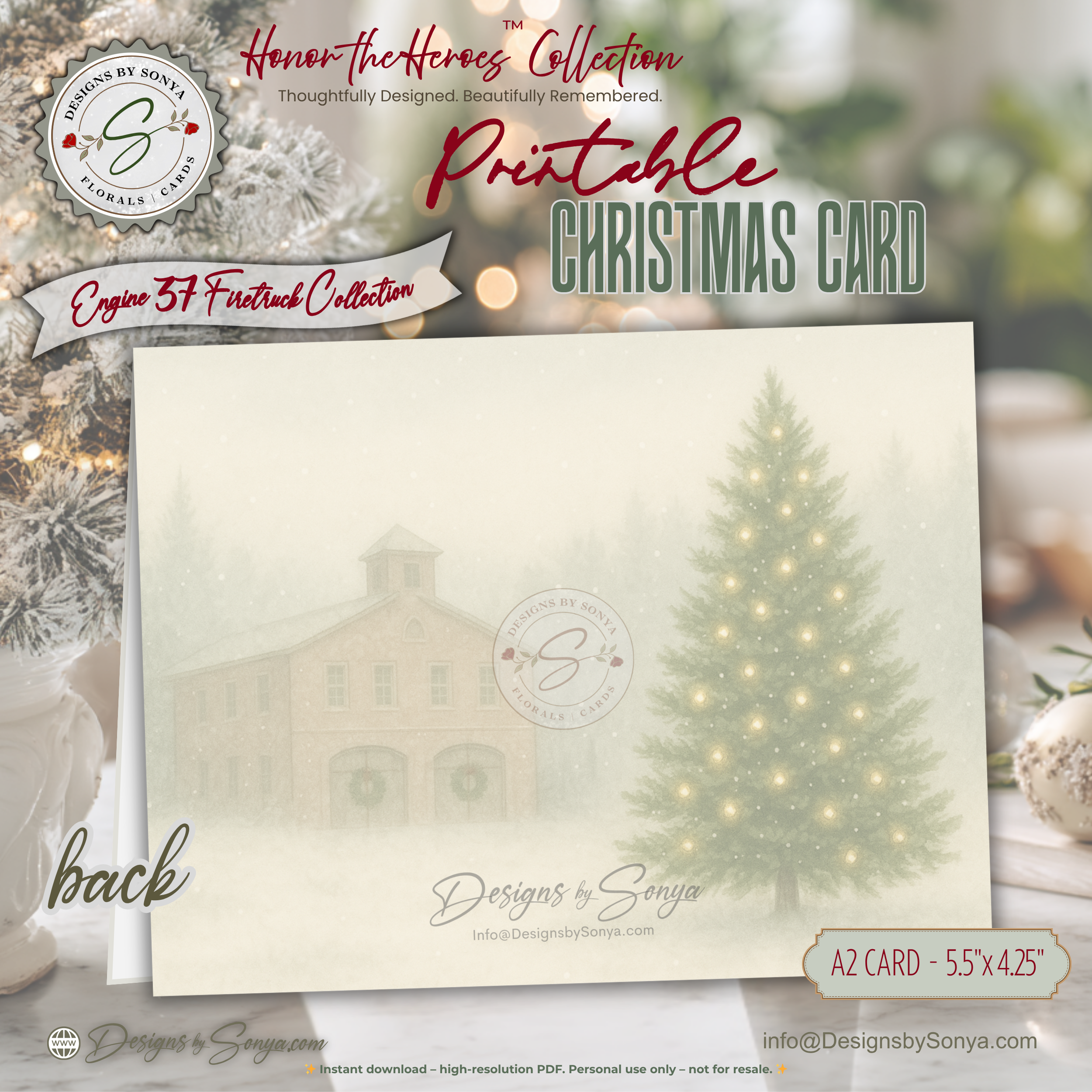 Printable Firetruck Christmas Card • Engine 37 Watercolor Holiday Card • Firefighter A2 (5.5"x4.25") Folded Greeting Card