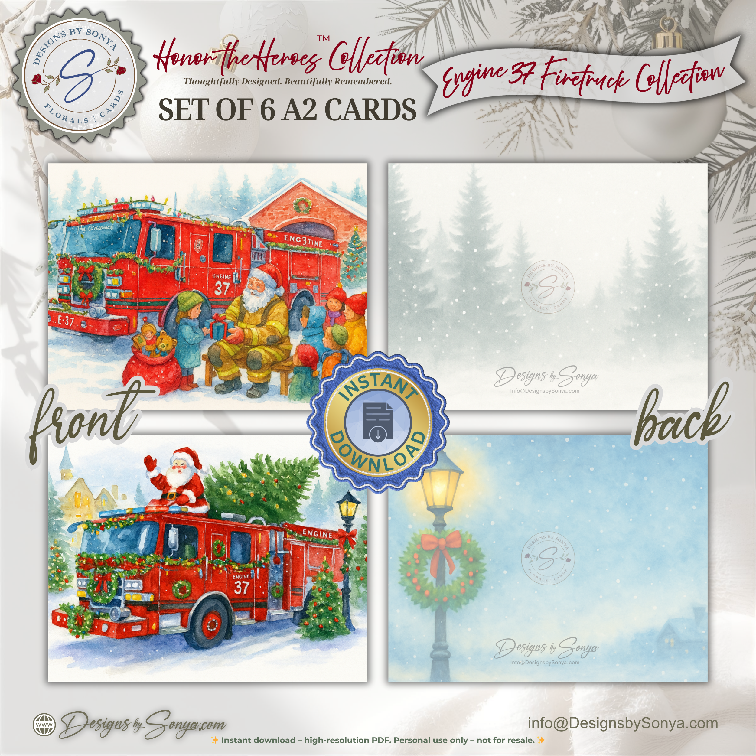 Engine 37 Firetruck Printable Christmas Note Cards | Set of 6 A2 - 5.5"x4.25"| Honor the Firefighter and First Responder Heroes