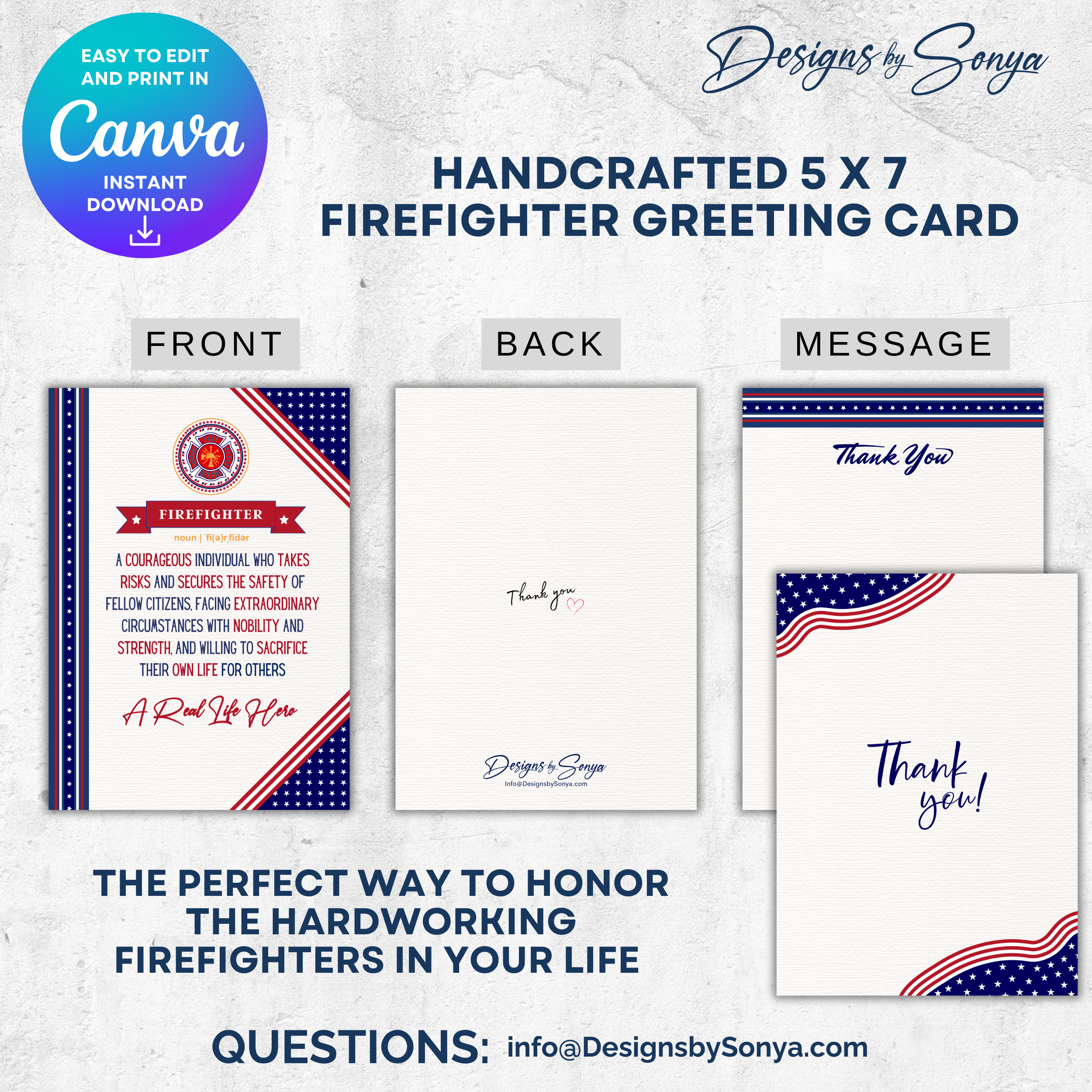 Card Views
Front, back, and inside message preview of the firefighter greeting card, showing thank you text and patriotic accents.