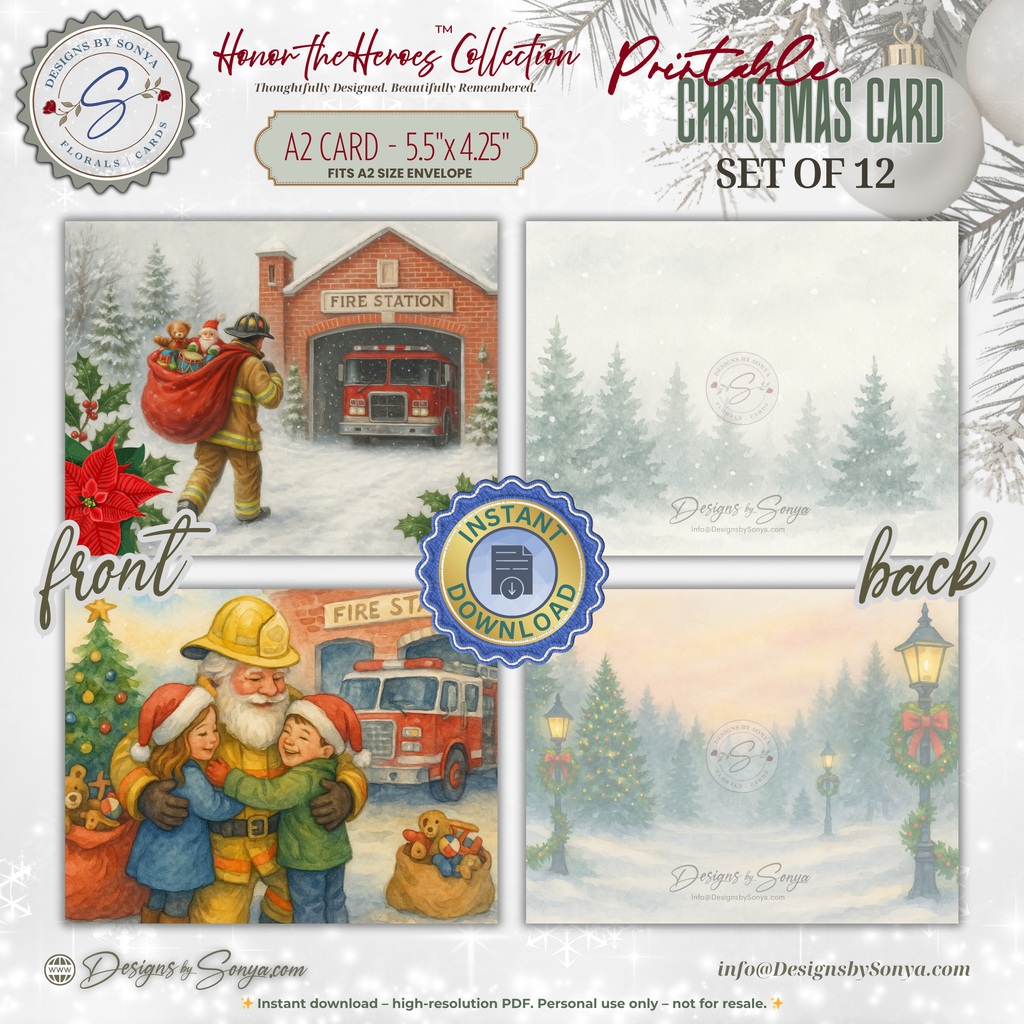 Printable Firefighter Santa Christmas Card Set of 12, A2 Cards (5.5”x4.25”), First Responder Holiday Greetings, Fire Station Watercolor Art
