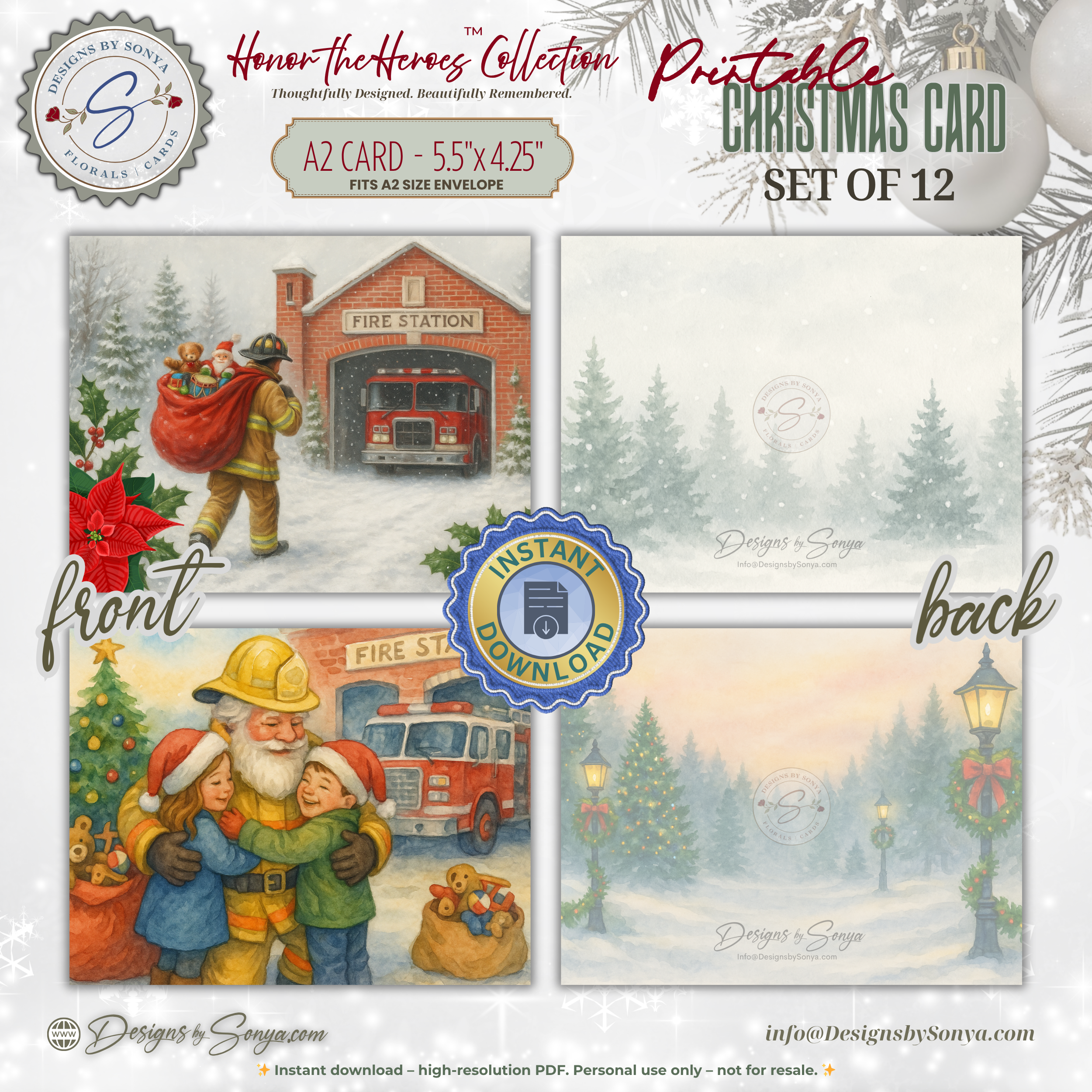 Printable Firefighter Santa Christmas Card Set of 12, A2 Cards (5.5”x4.25”), First Responder Holiday Greetings, Fire Station Watercolor Art