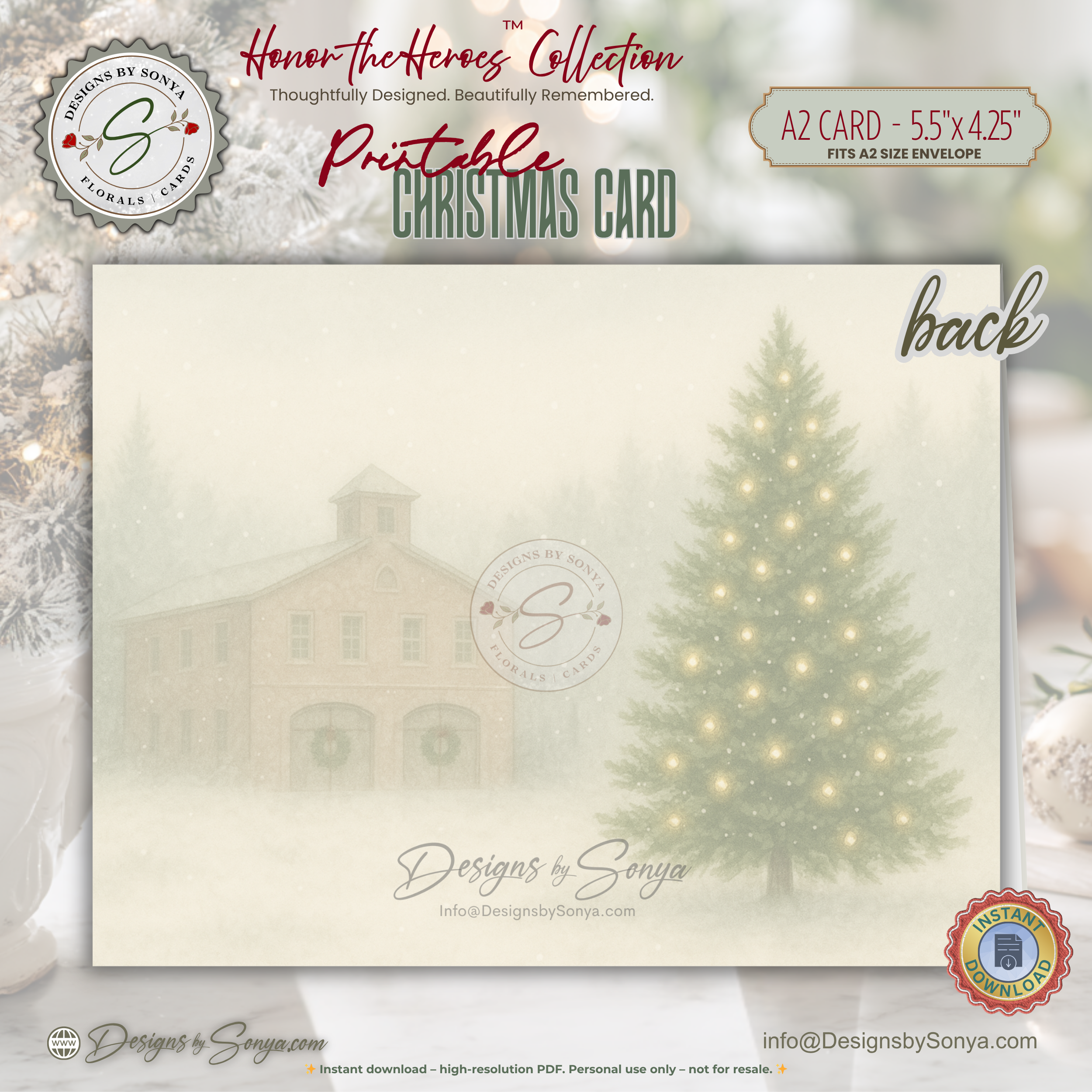 Fireman Santa Printable Christmas Card • A2 (5.5”x4.25”) • Child Whispering at Fire Station, Watercolor First Responder Holiday Art