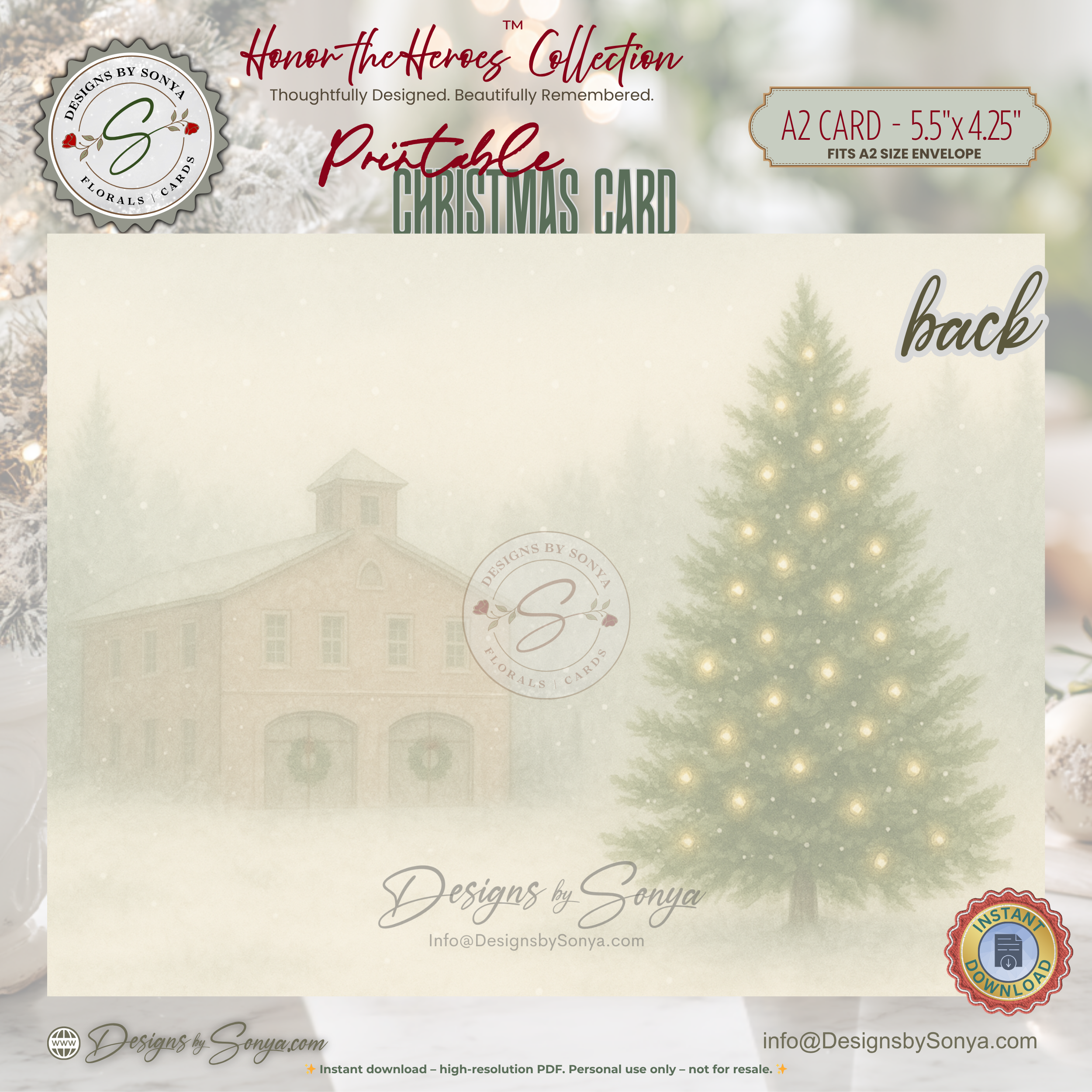 Fireman Santa Printable Christmas Card • A2 (5.5”x4.25”) • Fire Station Scene with Child & Candy Cane, Watercolor Holiday Art