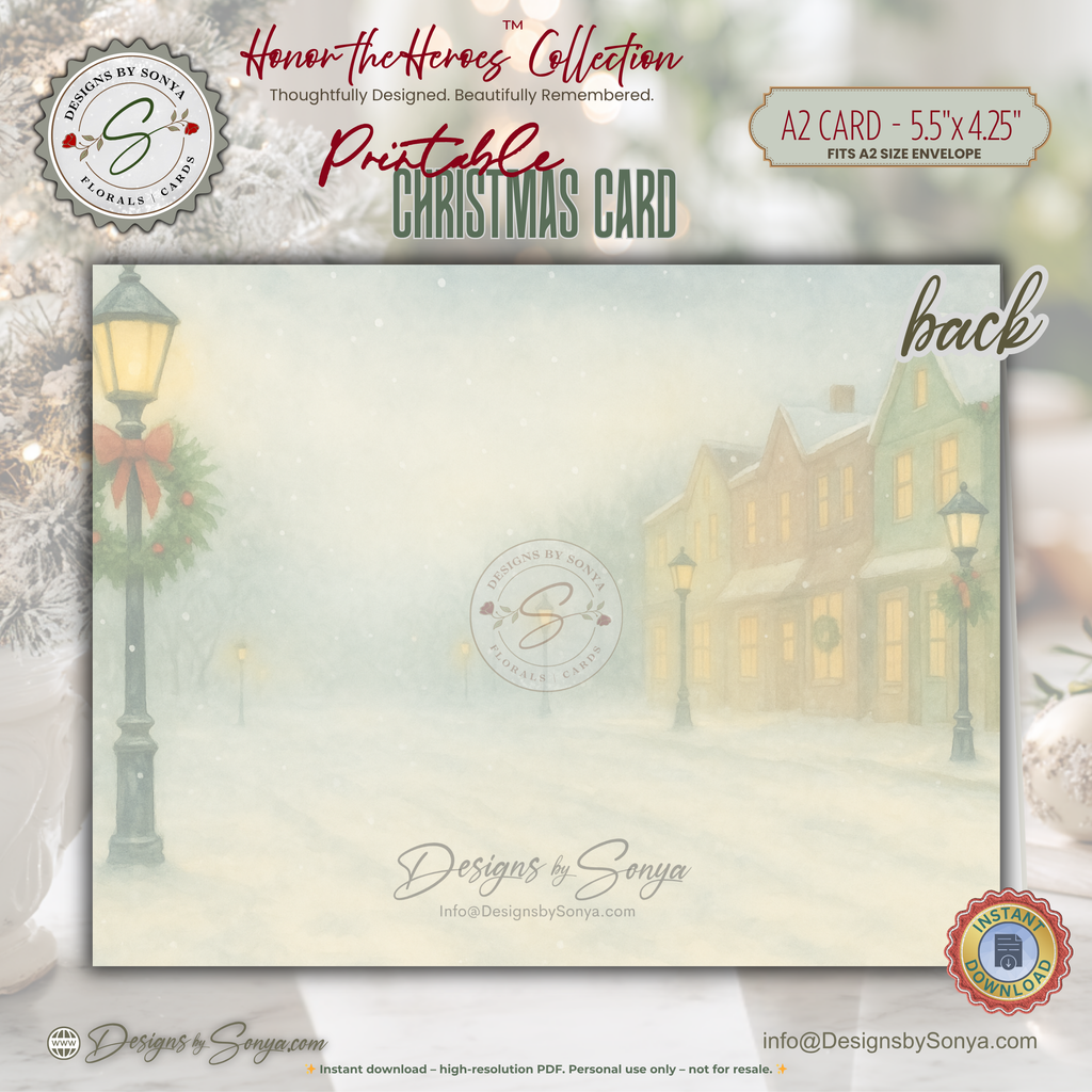 Printable Fireman Santa Christmas Card, Firefighter Holiday Greeting, A2 (5.5”x4.25”), First Responder Gift, Carolers & Decorated Tree Scene