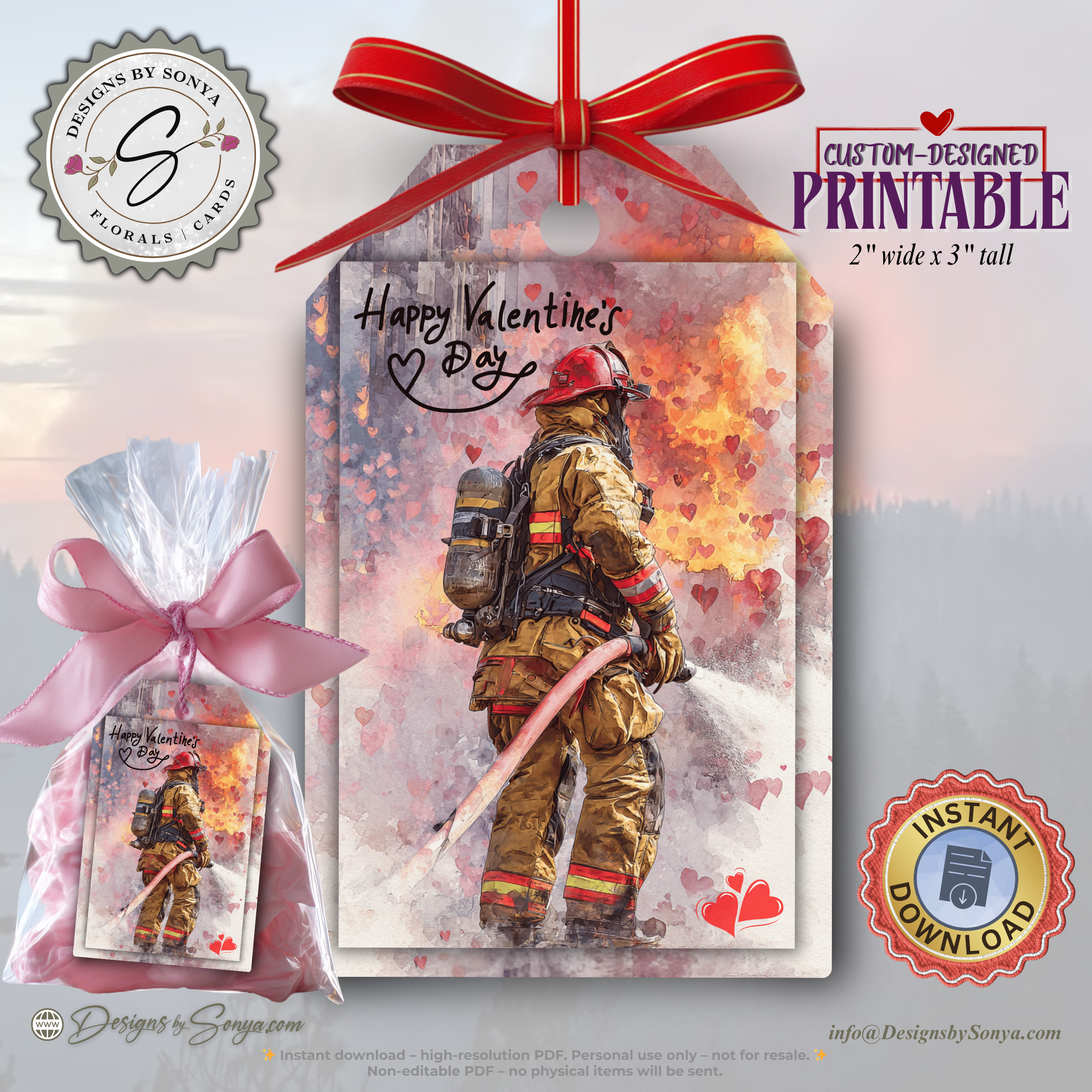 Watercolor Firefighter Valentine Printable Gift Tags – Fireman Valentine’s Day Treat Bag Label – First Responder 2"x3" Holiday Favor