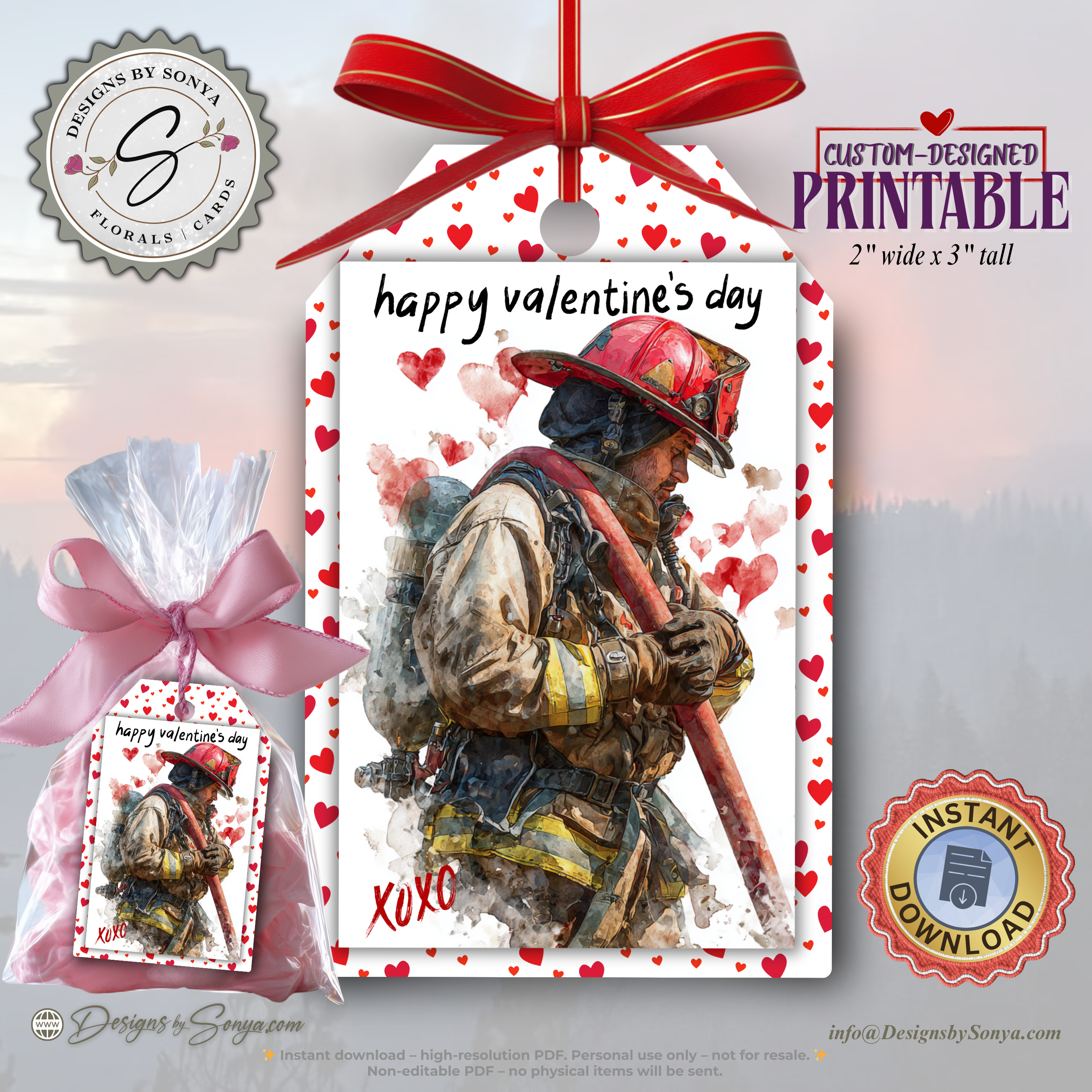 Firefighter Valentine Printable Gift Tags – Watercolor Fireman Valentine’s Day Treat Bag Label – First Responder 2"x3" Holiday Favor