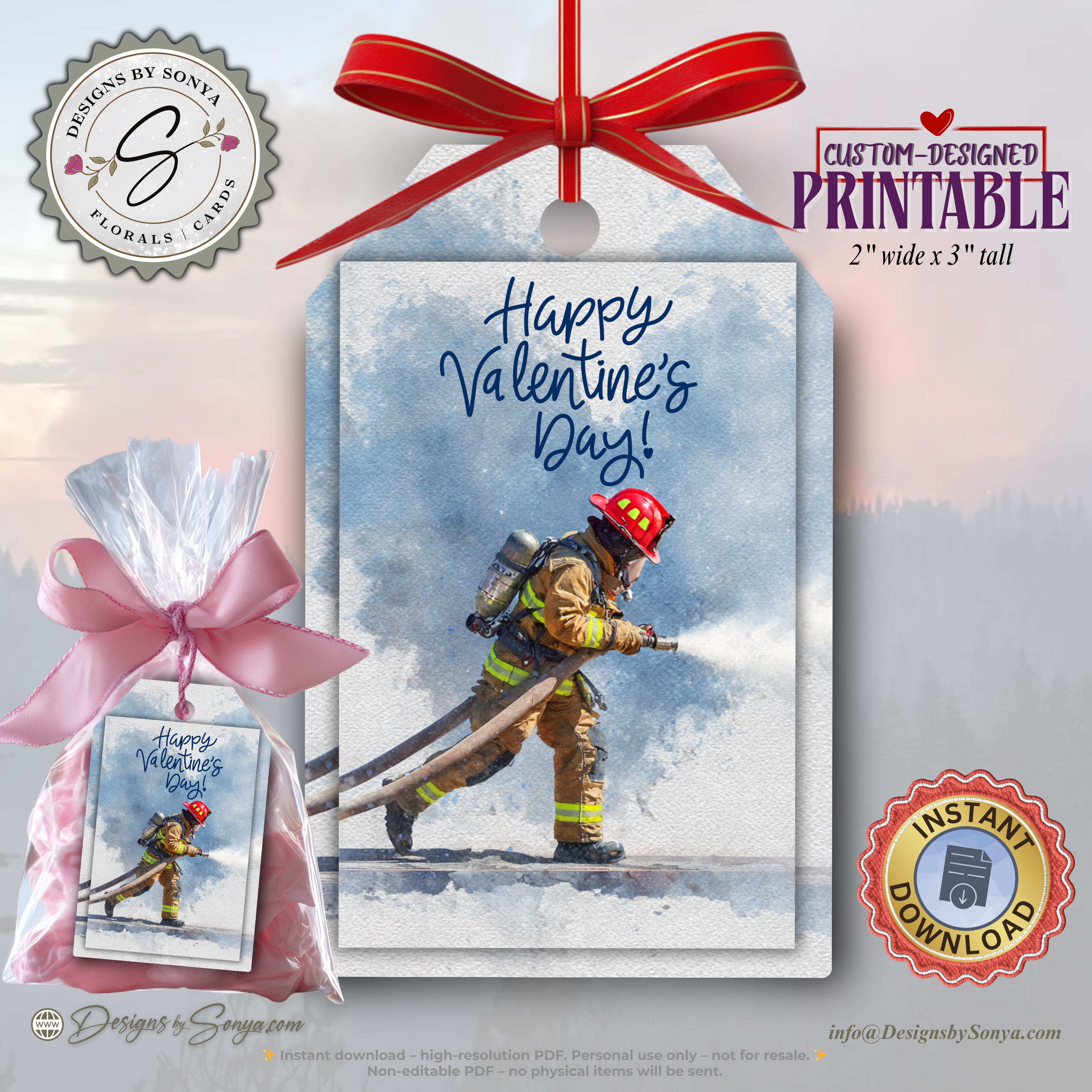 Firefighter Valentine Printable Gift Tags – Watercolor Fireman Label – First Responder Treat Tag – 2” x 3” Holiday Favor