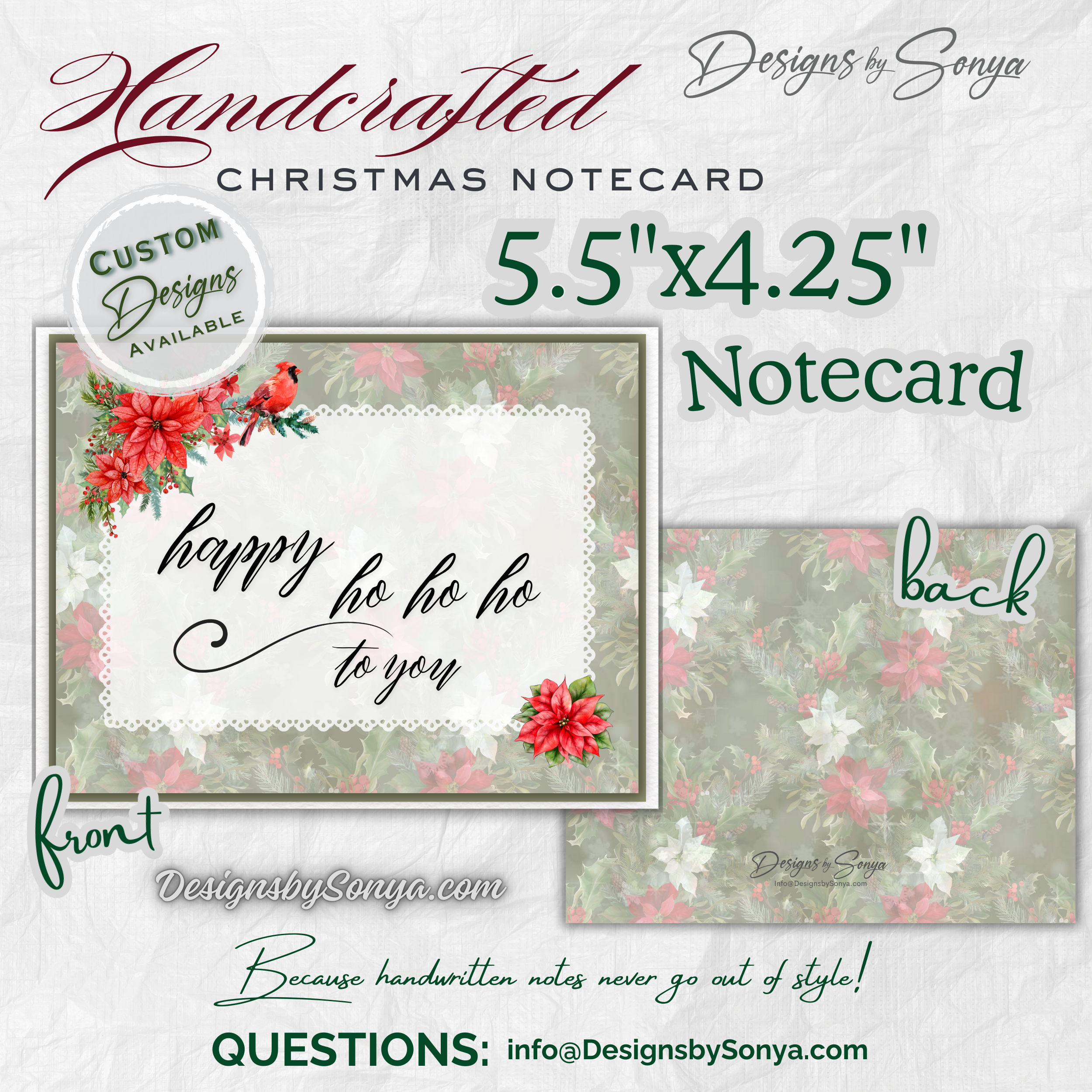 Inside of Notecard
Blank interior of handcrafted holiday notecard, measuring 5.5” x 4.25”, designed for writing personalized Christmas greetings and custom messages.