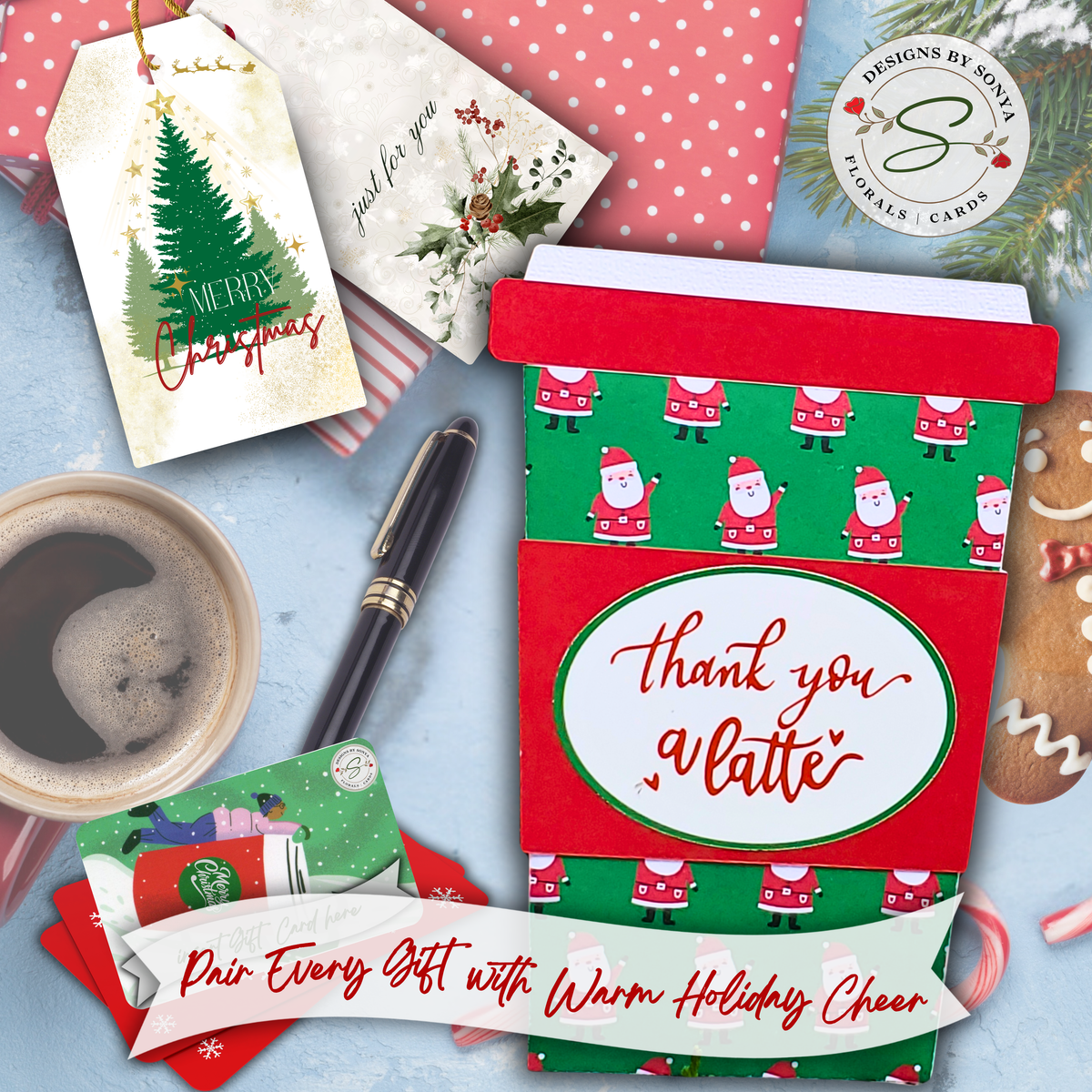 Handmade Christmas Gift Card Holder | Coffee Cup Gift Card Holder for Teachers, Coworkers & Coffee Lovers | Thank You a Latte Santa Design