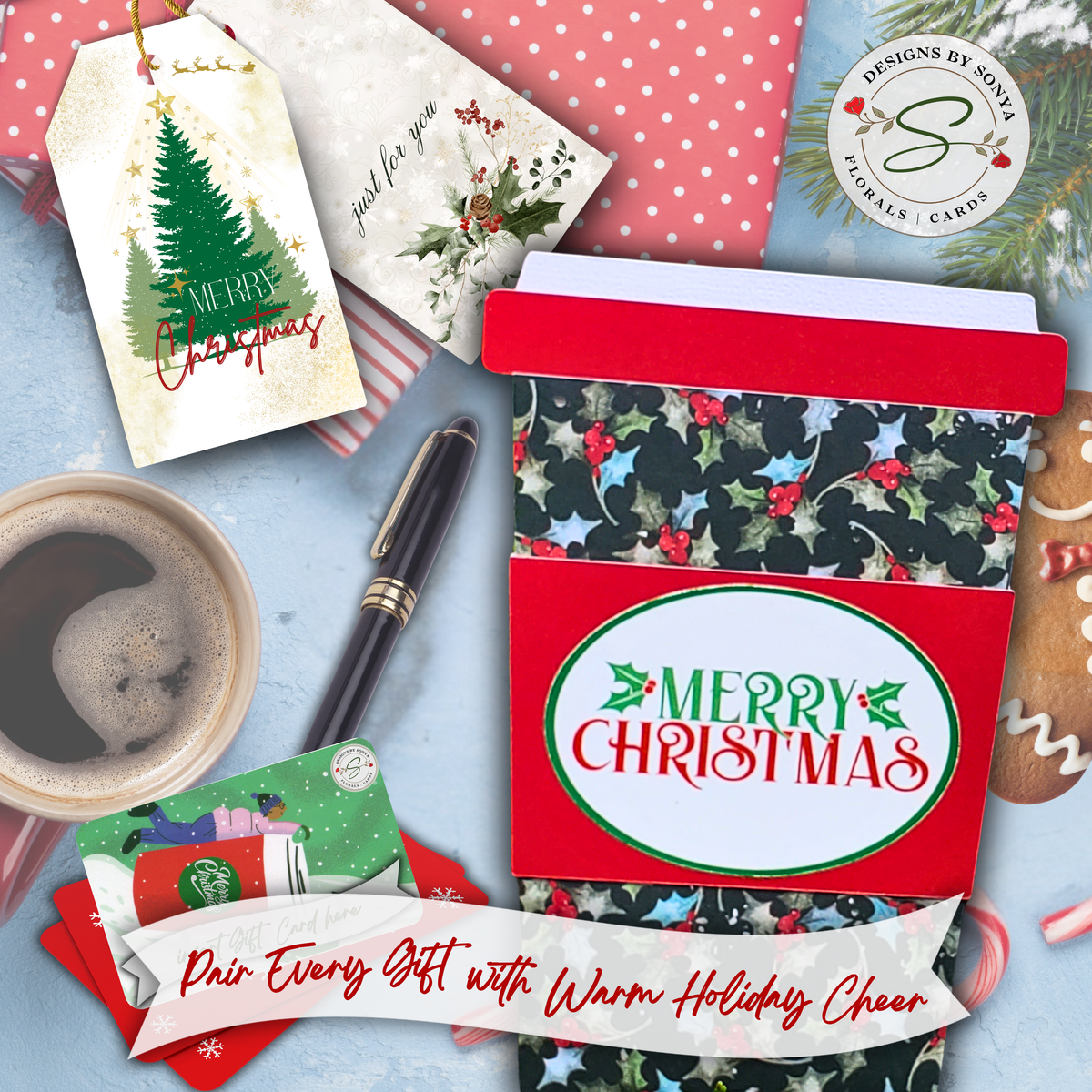 Handmade Christmas Gift Card Holder | Coffee Cup Gift Card Holder for Teachers, Coworkers & Coffee Lovers | Holly & Red Berries Design