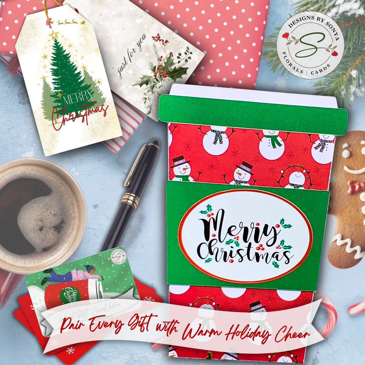 Handmade Christmas Gift Card Holder | Coffee Cup Gift Card Holder for Teachers, Coworkers & Coffee Lovers | Snowman Merry Christmas Design