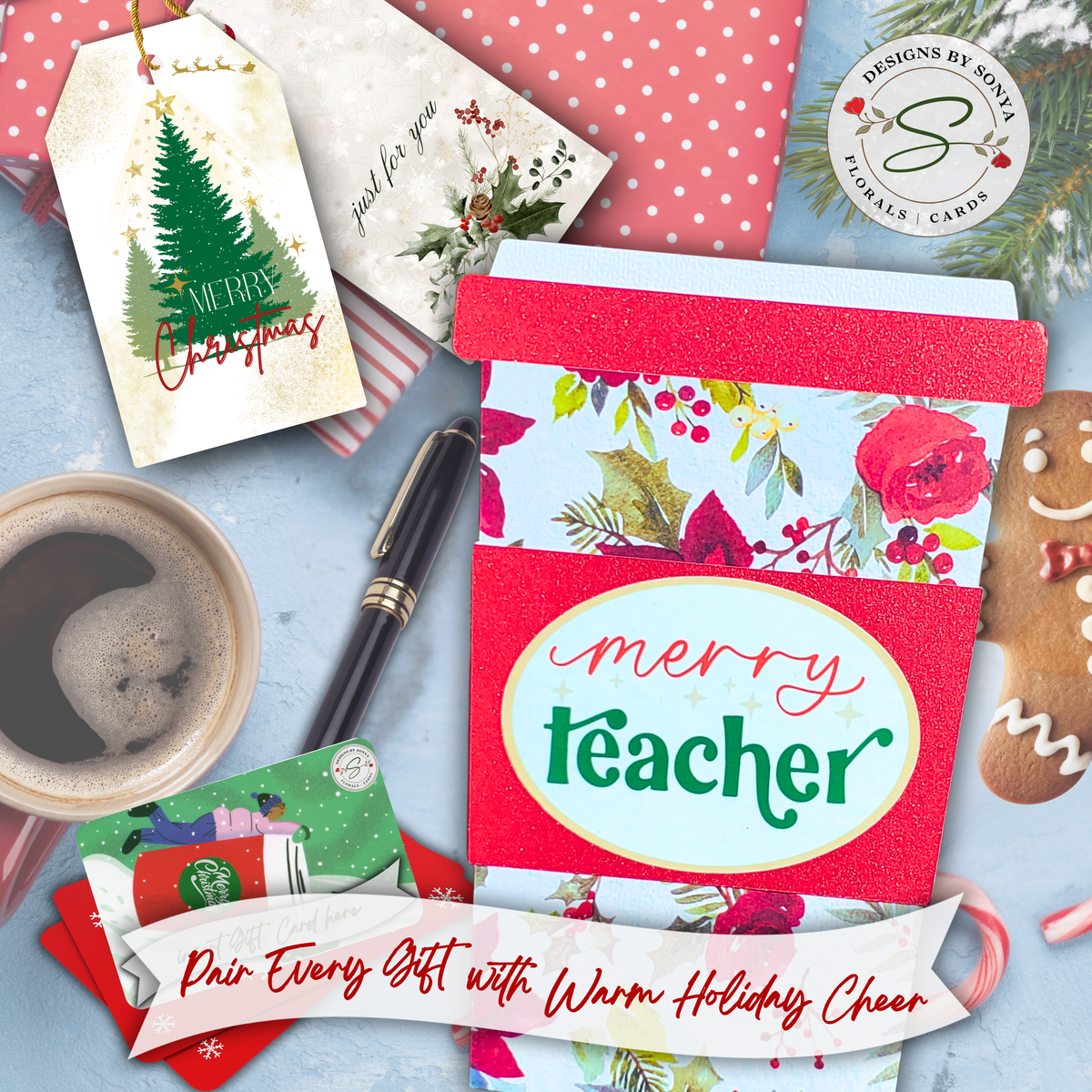 Handmade Christmas Gift Card Holder | Merry Teacher Coffee Cup Gift Card Holder | Teacher Appreciation Gift with Red Holiday Florals