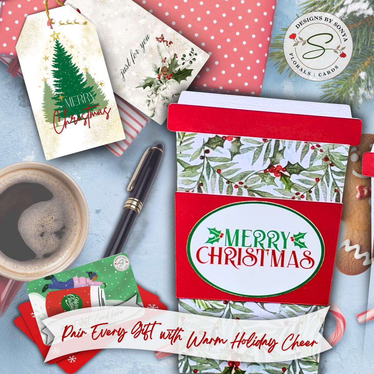 Handmade Christmas Gift Card Holder | Coffee Cup Gift Card Holder for Teachers, Coworkers & Coffee Lovers | Winter Greenery & Holly Design