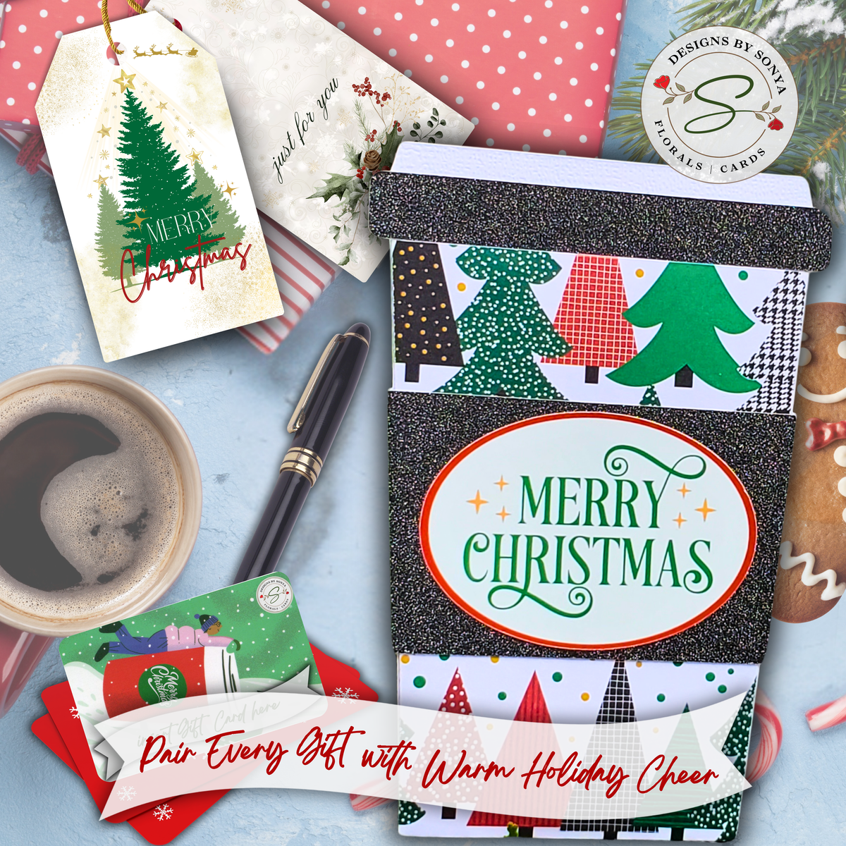 Handmade Christmas Gift Card Holder | Coffee Cup Gift Card Holder for Teachers, Coworkers & Coffee Lovers | Merry Christmas Tree Design