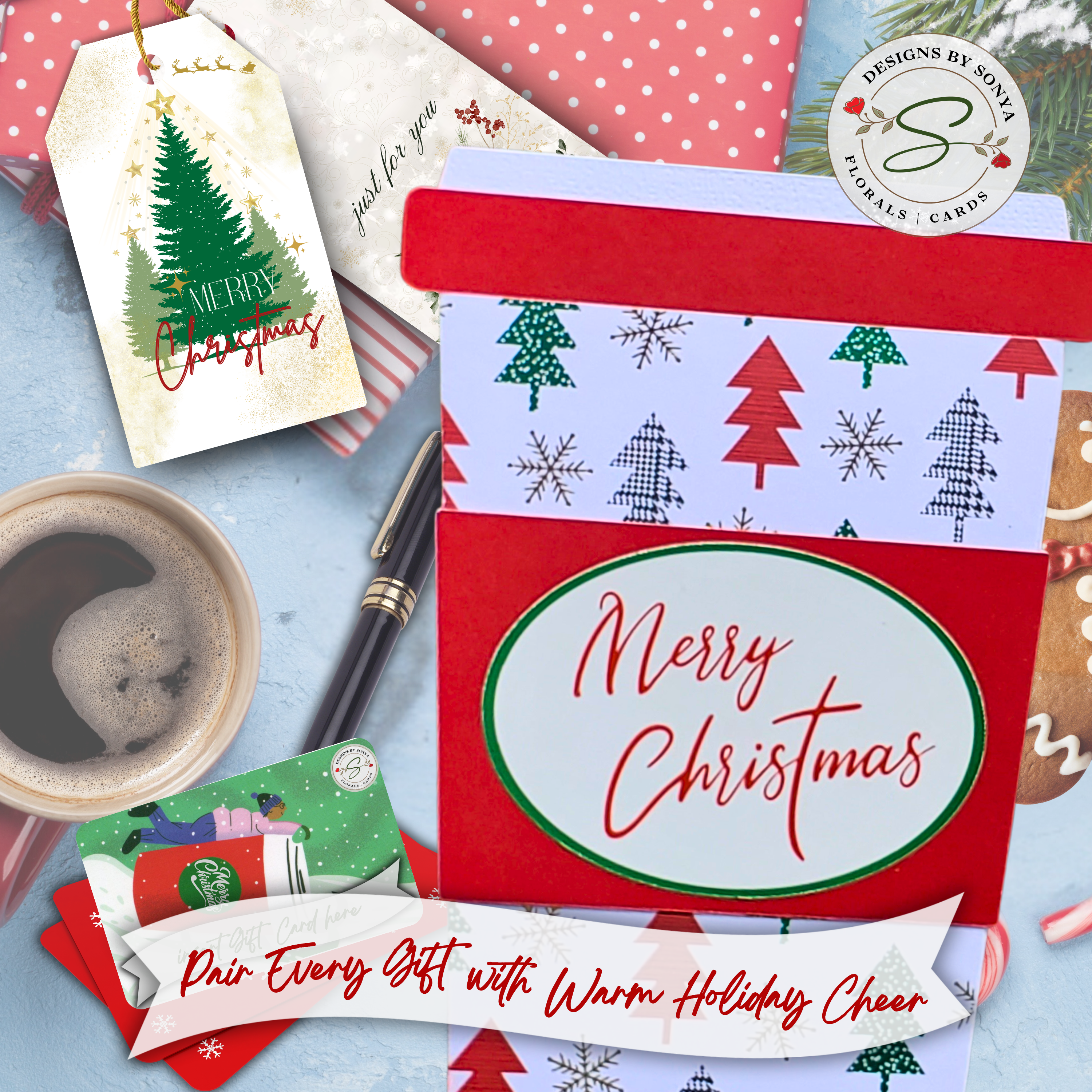 Flatlay Holiday Gift Card Holder with Tags and Cocoa
Christmas coffee cup gift card holder styled with holiday tags, cocoa, and gingerbread, showing a festive and handmade presentation.