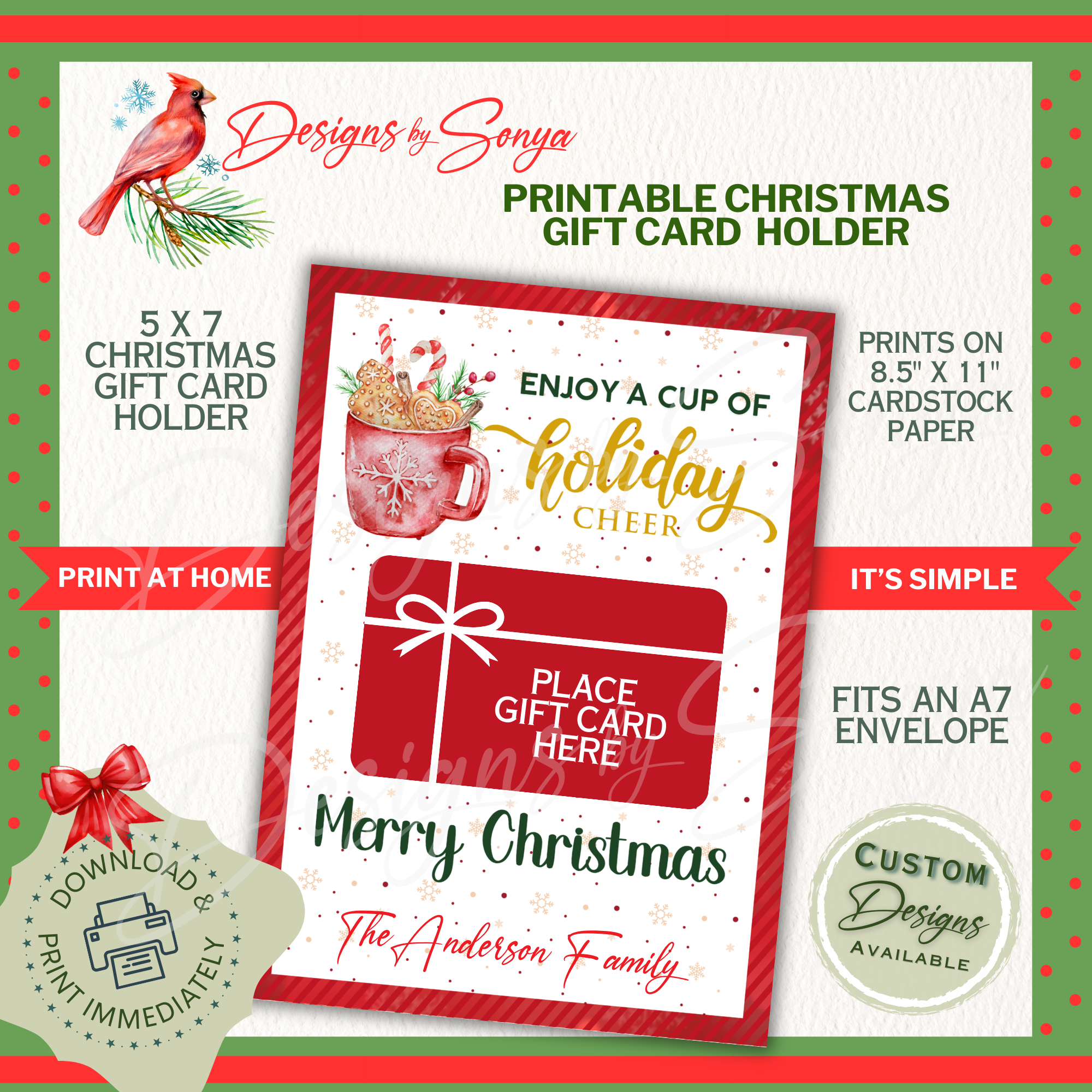 Print-at-Home Details

5x7 Christmas gift card holder preview with “print at home” callouts. Shows it prints on 8.5x11 cardstock and fits an A7 envelope. Perfect festive digital download for quick holiday gifts.
