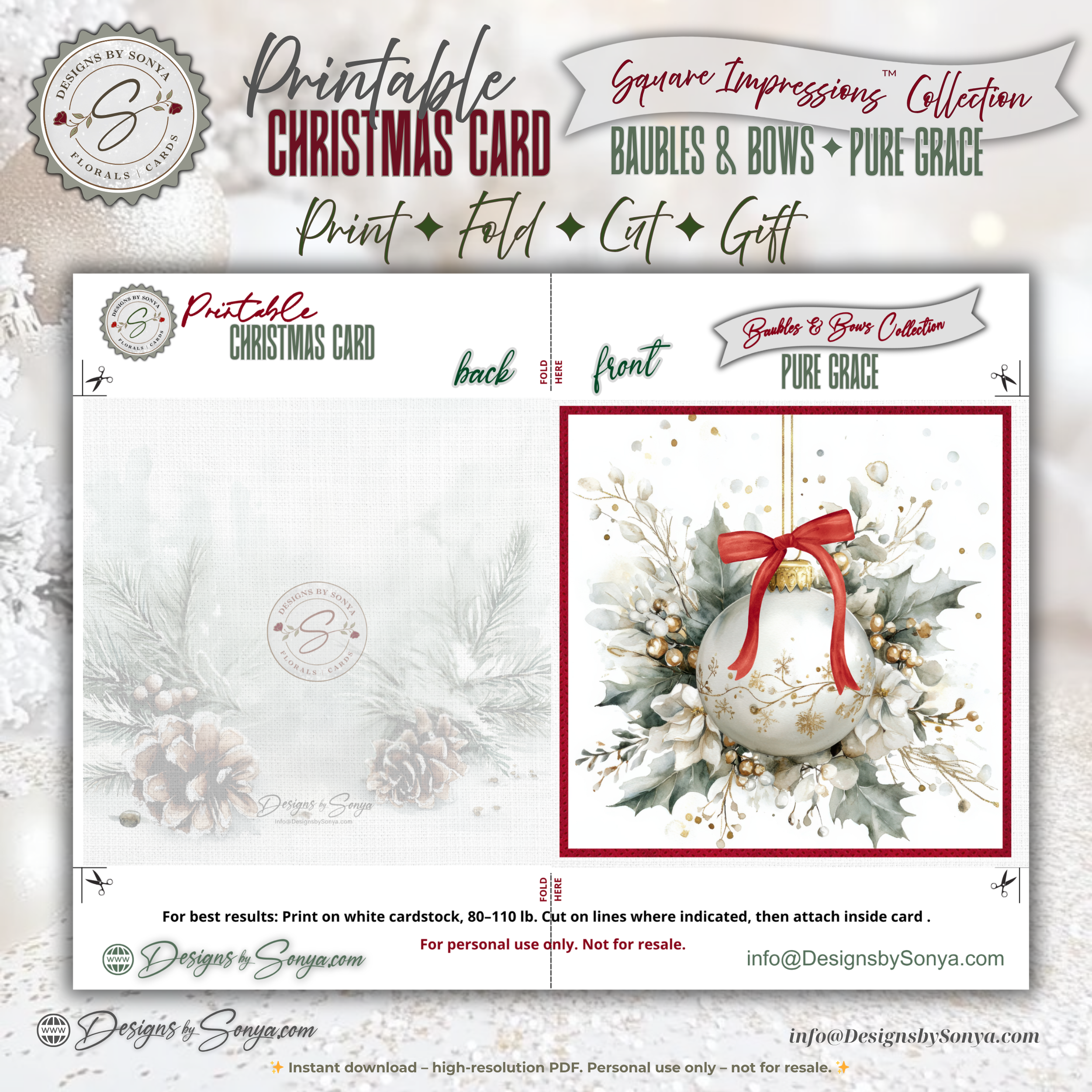 Printable Christmas Card – Watercolor Ornament with Red Bow, Holiday Greeting Card for Friends, Neighbors, Teachers, Coworkers, Family, Ministries