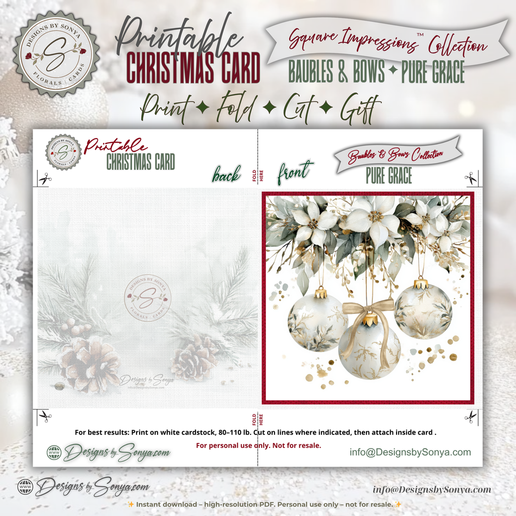 Ivory & Gold Ornament Watercolor Printable Christmas Card – Elegant Holiday Greeting Note Card for Family & Friends – 5.5” Square Card