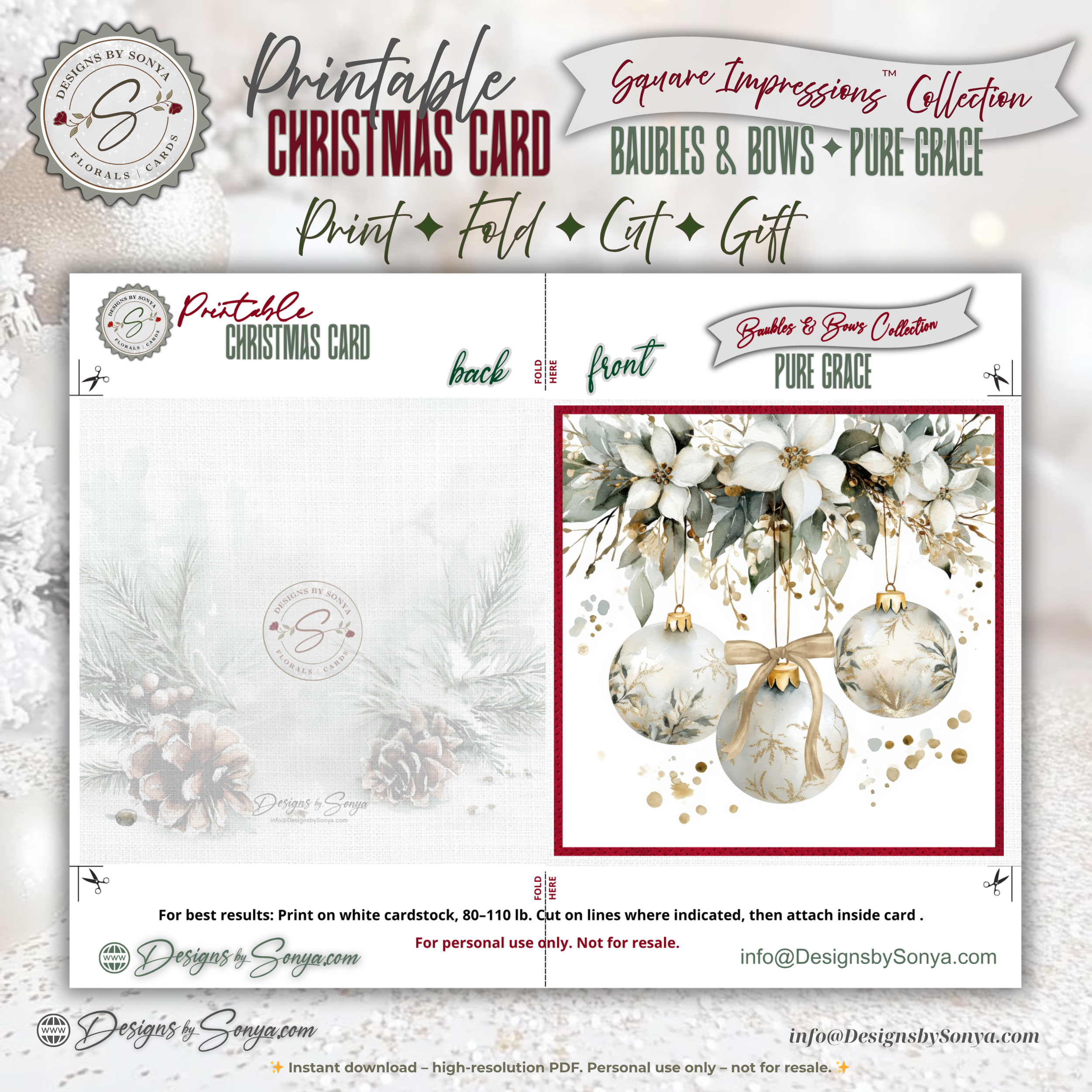 Ivory & Gold Ornament Watercolor Printable Christmas Card – Elegant Holiday Greeting Note Card for Family & Friends – 5.5” Square Card